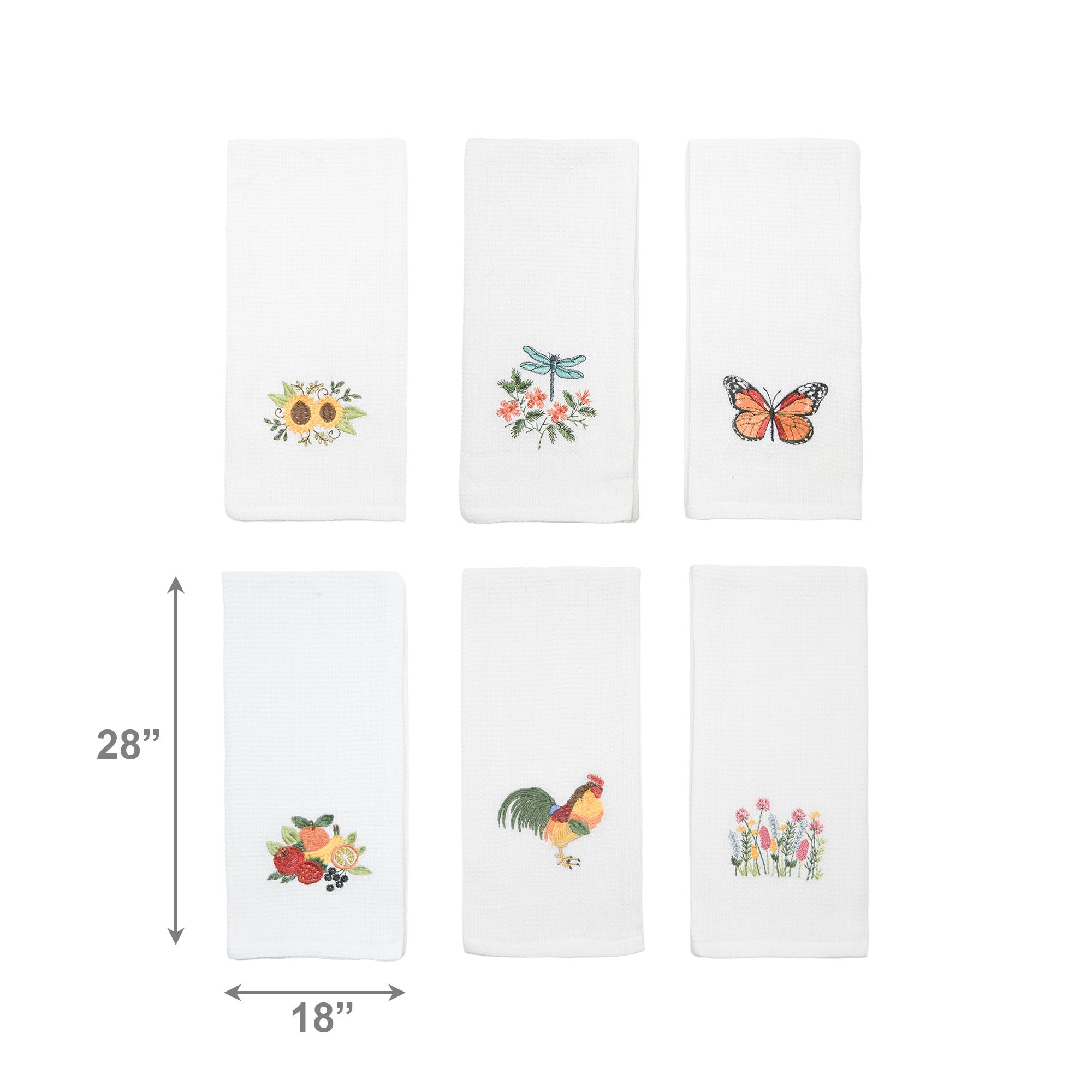 Assorted White Embroidered Waffle Weave Kitchen Towels - Set of 6
