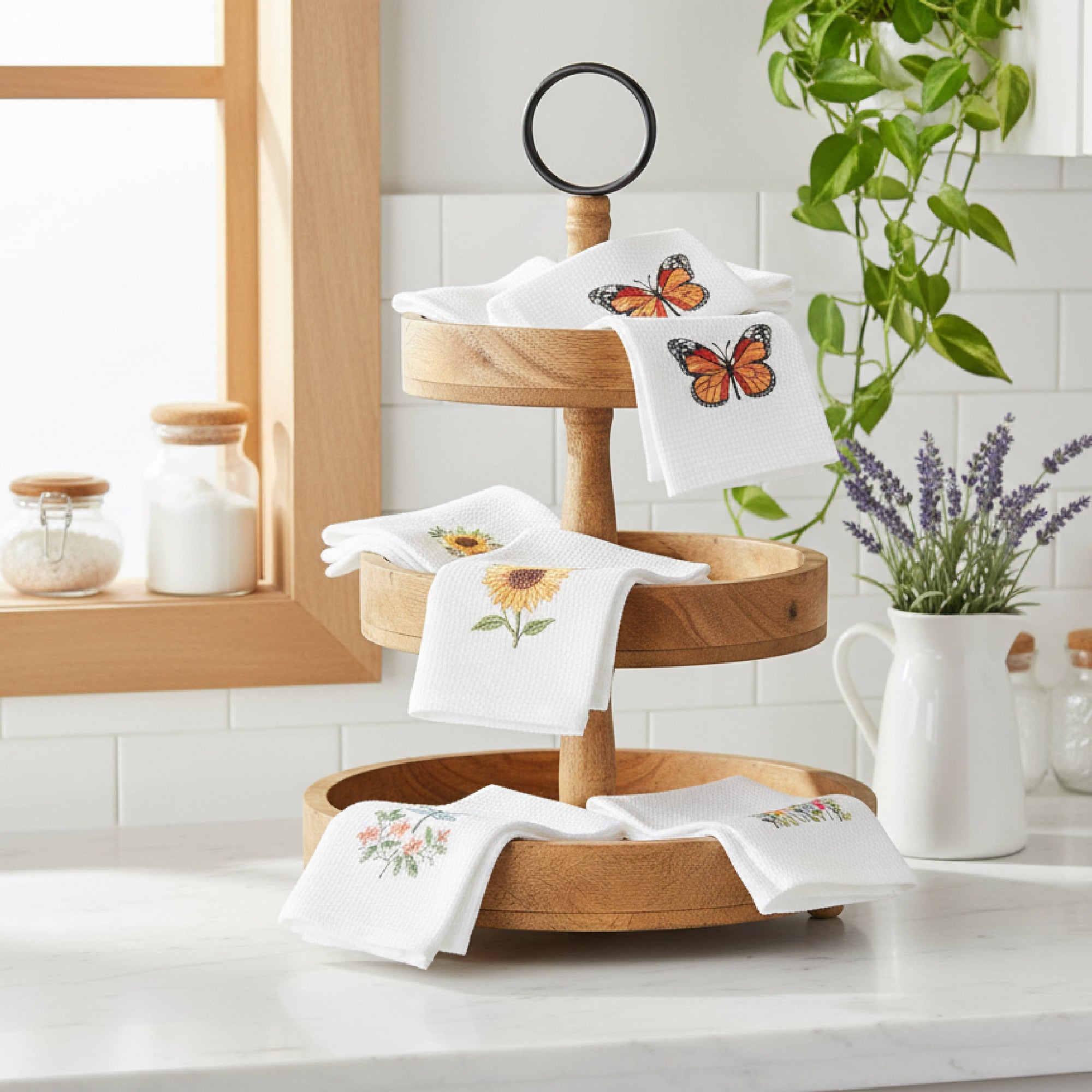 Assorted White Embroidered Waffle Weave Kitchen Towels - Set of 6