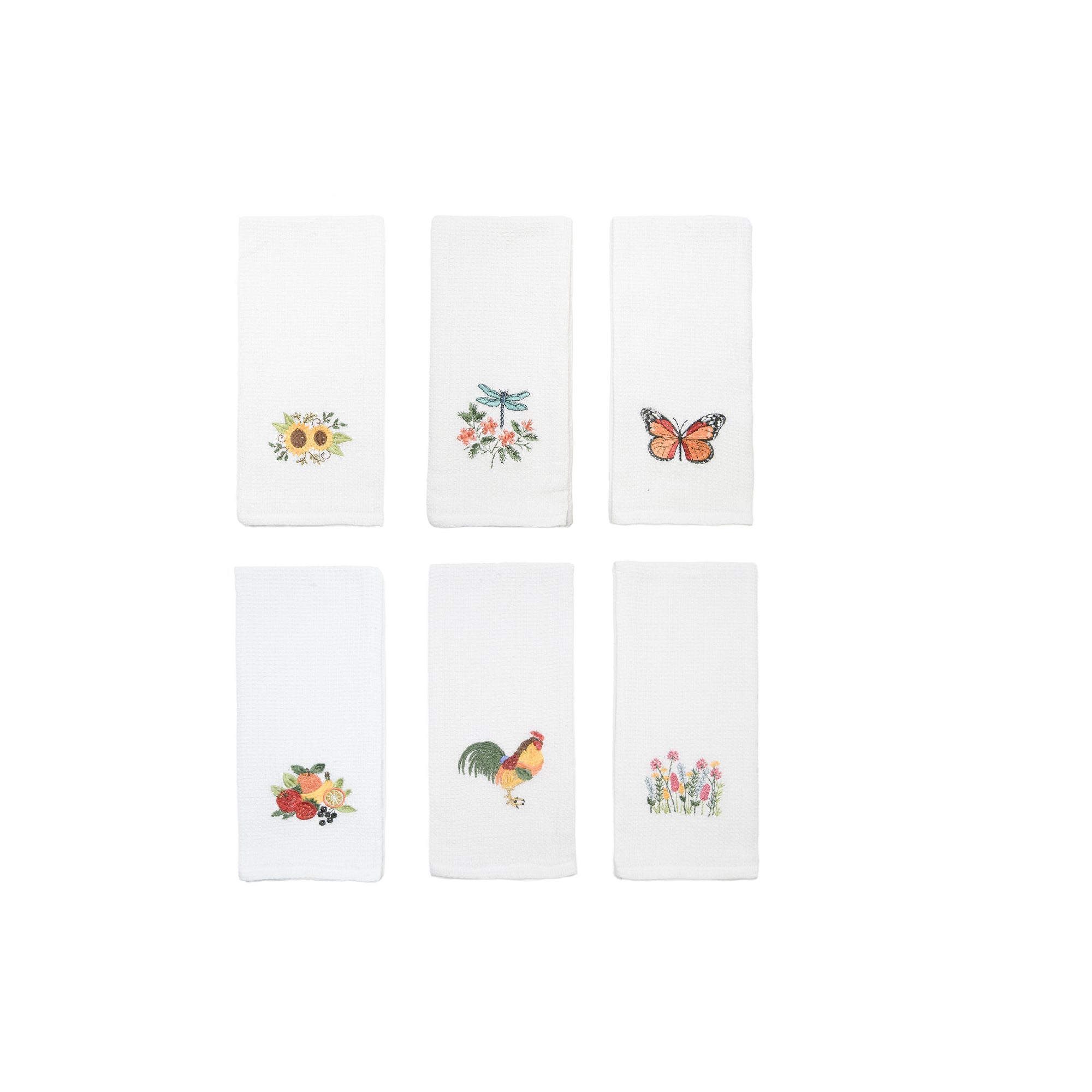 Assorted White Embroidered Waffle Weave Kitchen Towels - Set of 6