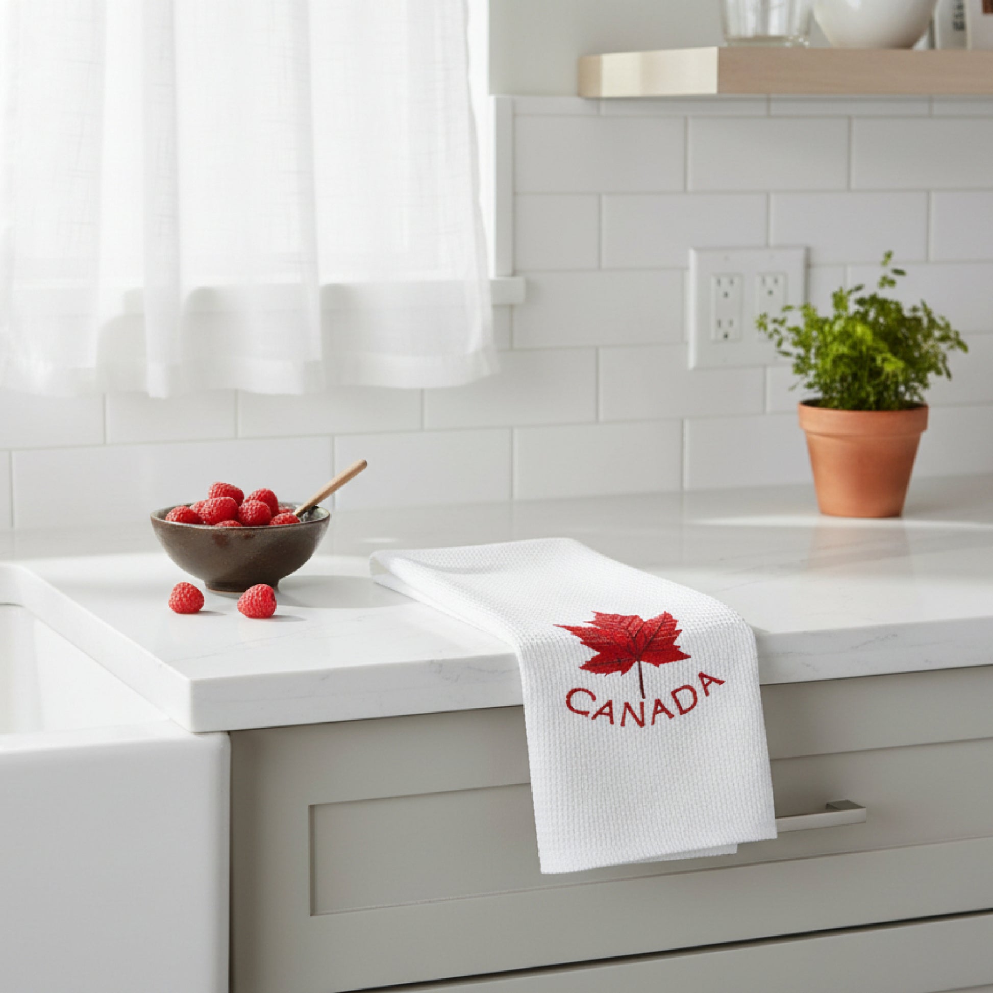 White Waffle Kitchen Towel with Embroidered Canadian Flag - Set of 6