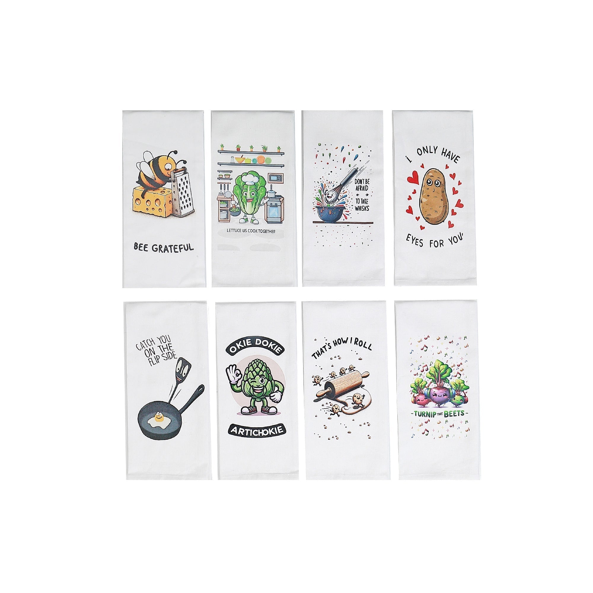 Printed Kitchen Towel Punny Sayings Assorted, Funny Dish Towel, Cotton Kitchen Decor, Set of 8