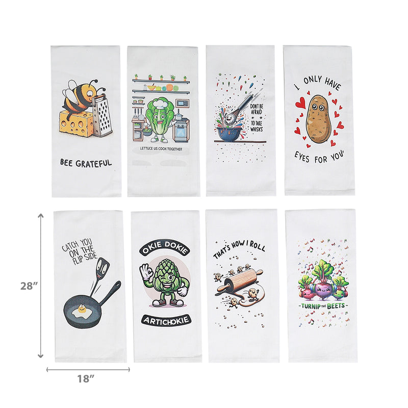 Printed Kitchen Towel Punny Sayings Assorted - Set of 8