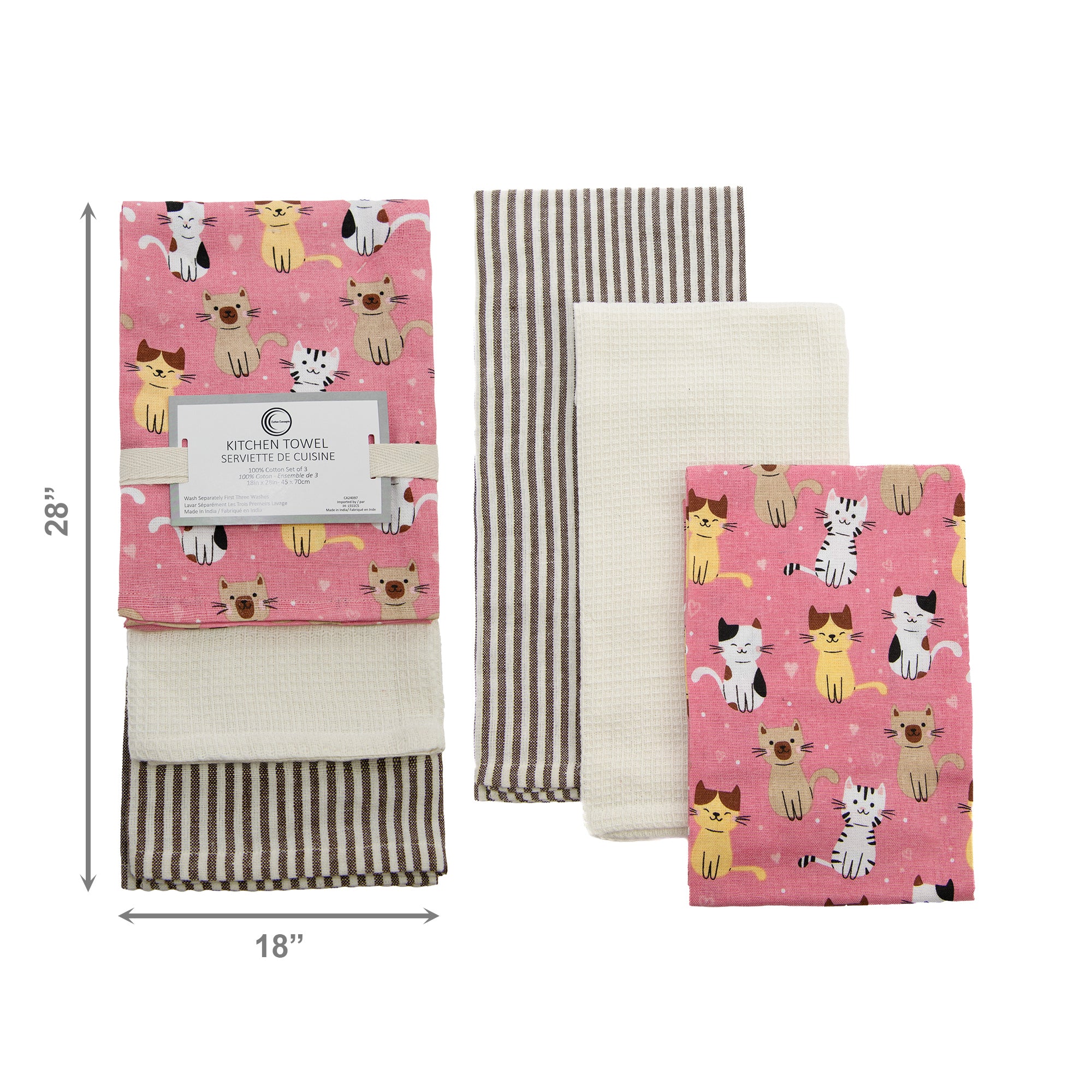 3-Piece Kitchen Towel Set: Cats Print, Stripes & Solid