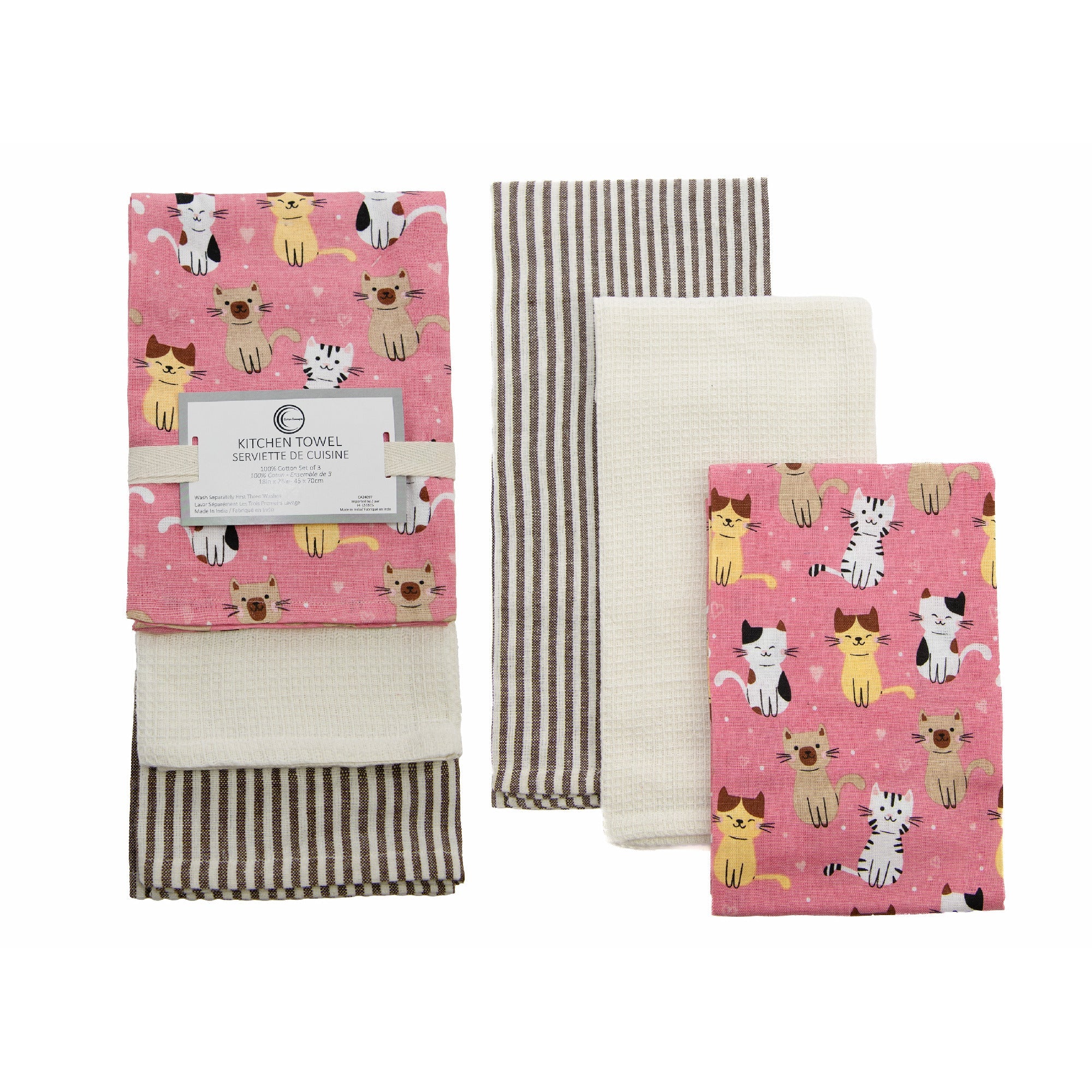 3-Piece Kitchen Towel Set: Cats Print, Stripes & Solid