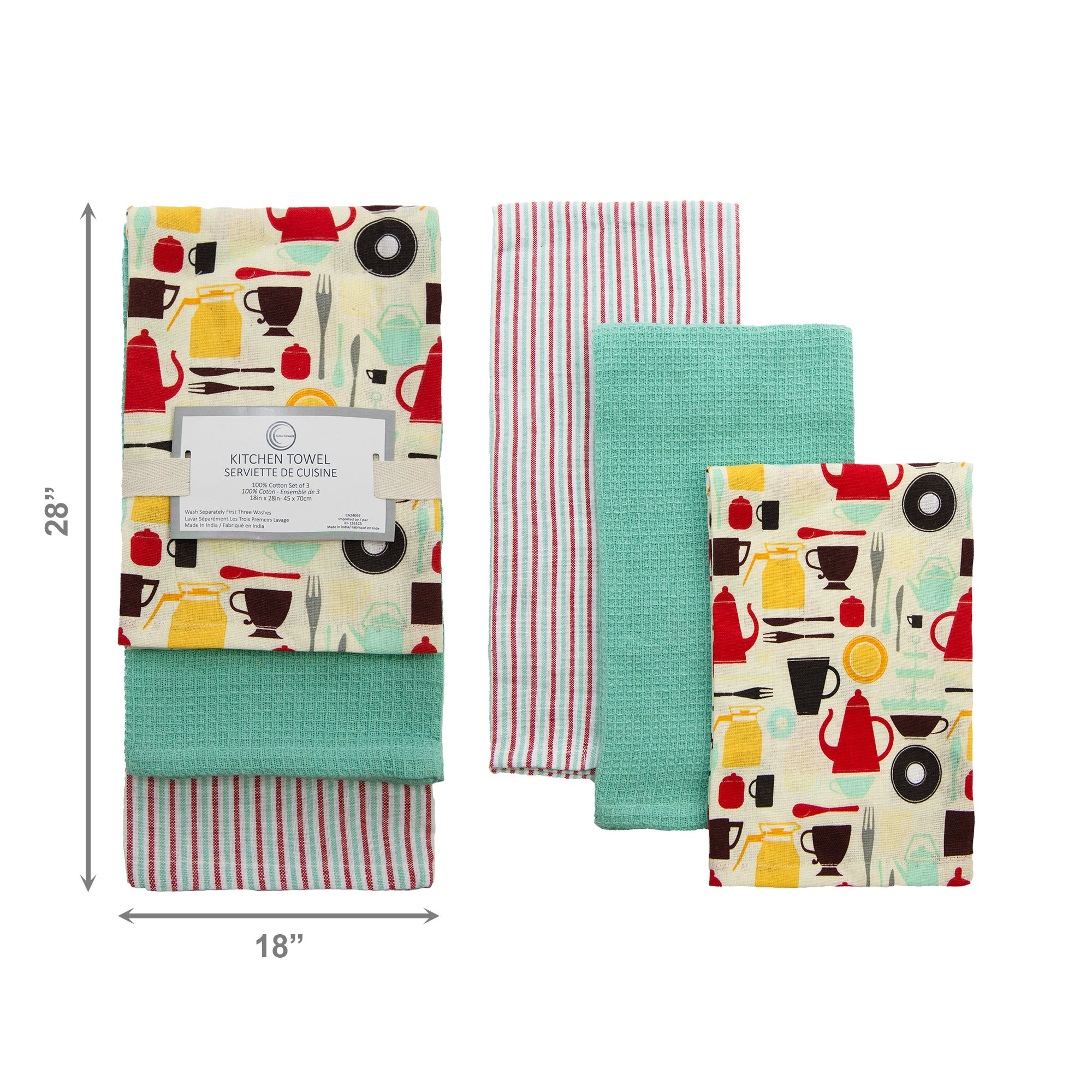 3-Piece Kitchen Towel Set: Teapots Print, Stripes & Solid