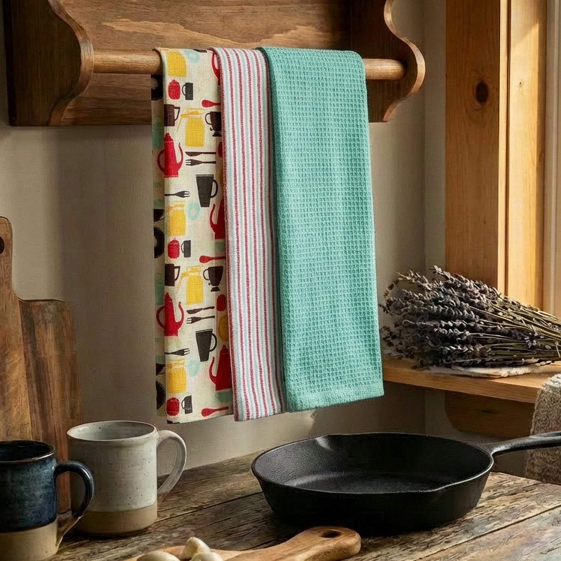 3-Piece Kitchen Towel Set: Teapots Print, Stripes & Solid