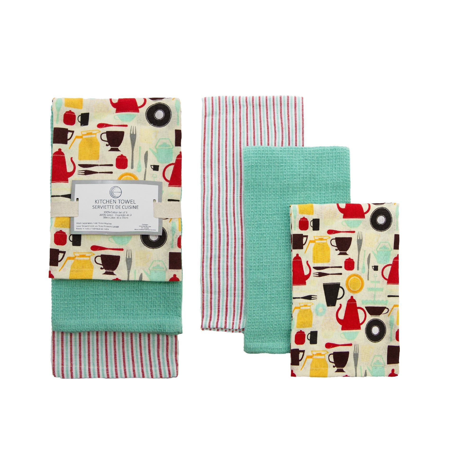 3-Piece Kitchen Towel Set: Teapots Print, Stripes & Solid