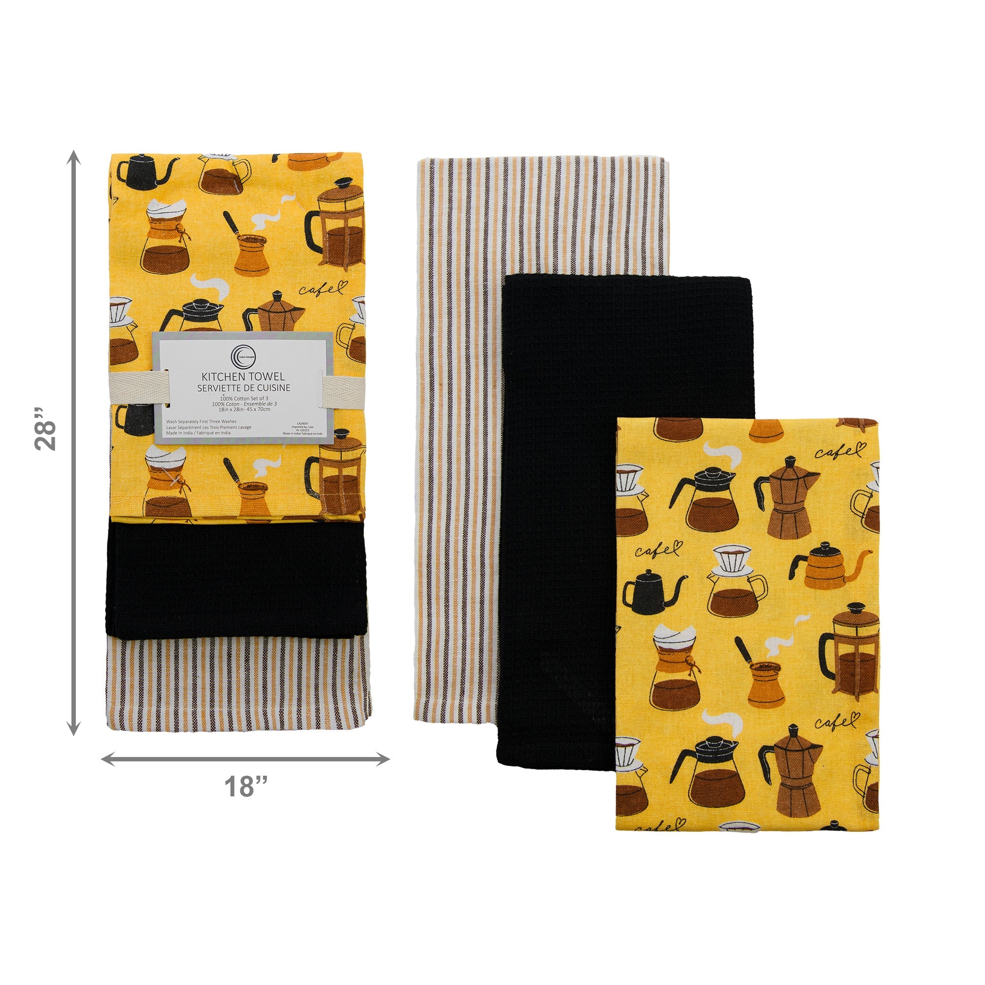 3-Piece Kitchen Towel Set: Coffee Pots Print, Stripes & Solid