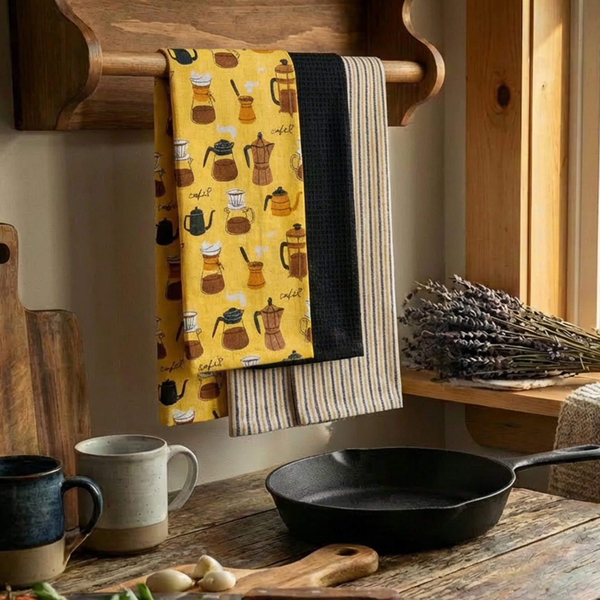 3-Piece Kitchen Towel Set: Coffee Pots Print, Stripes & Solid