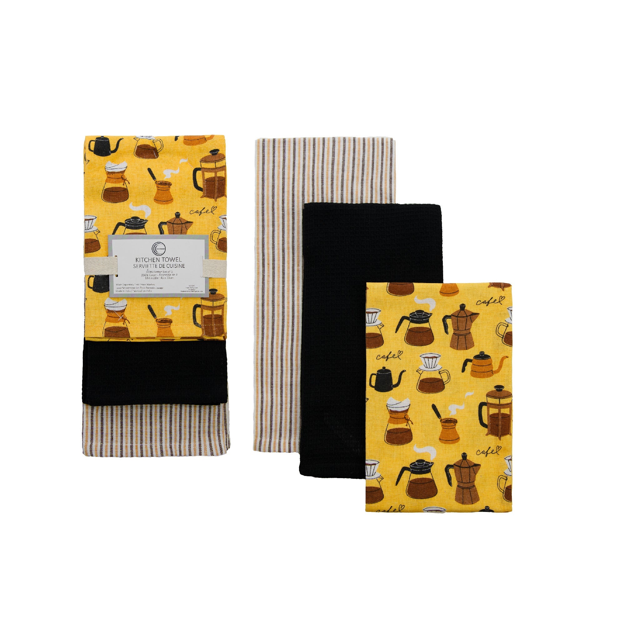 3-Piece Kitchen Towel Set: Coffee Pots Print, Stripes & Solid