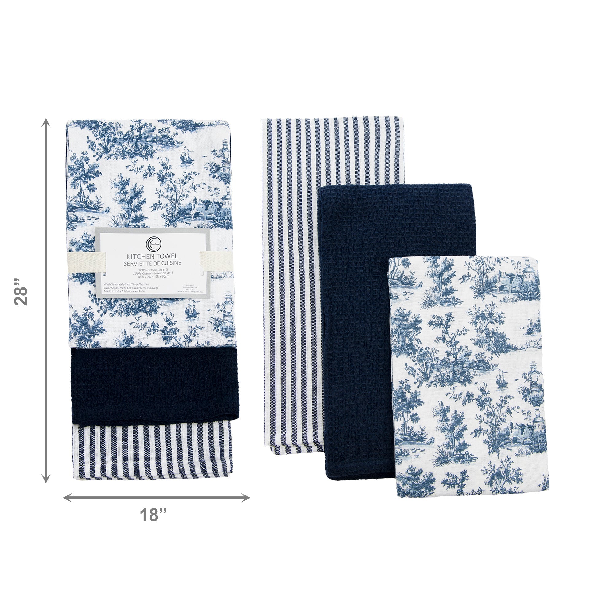 3-Piece Kitchen Towel Set: Garden Print, Stripes & Solid