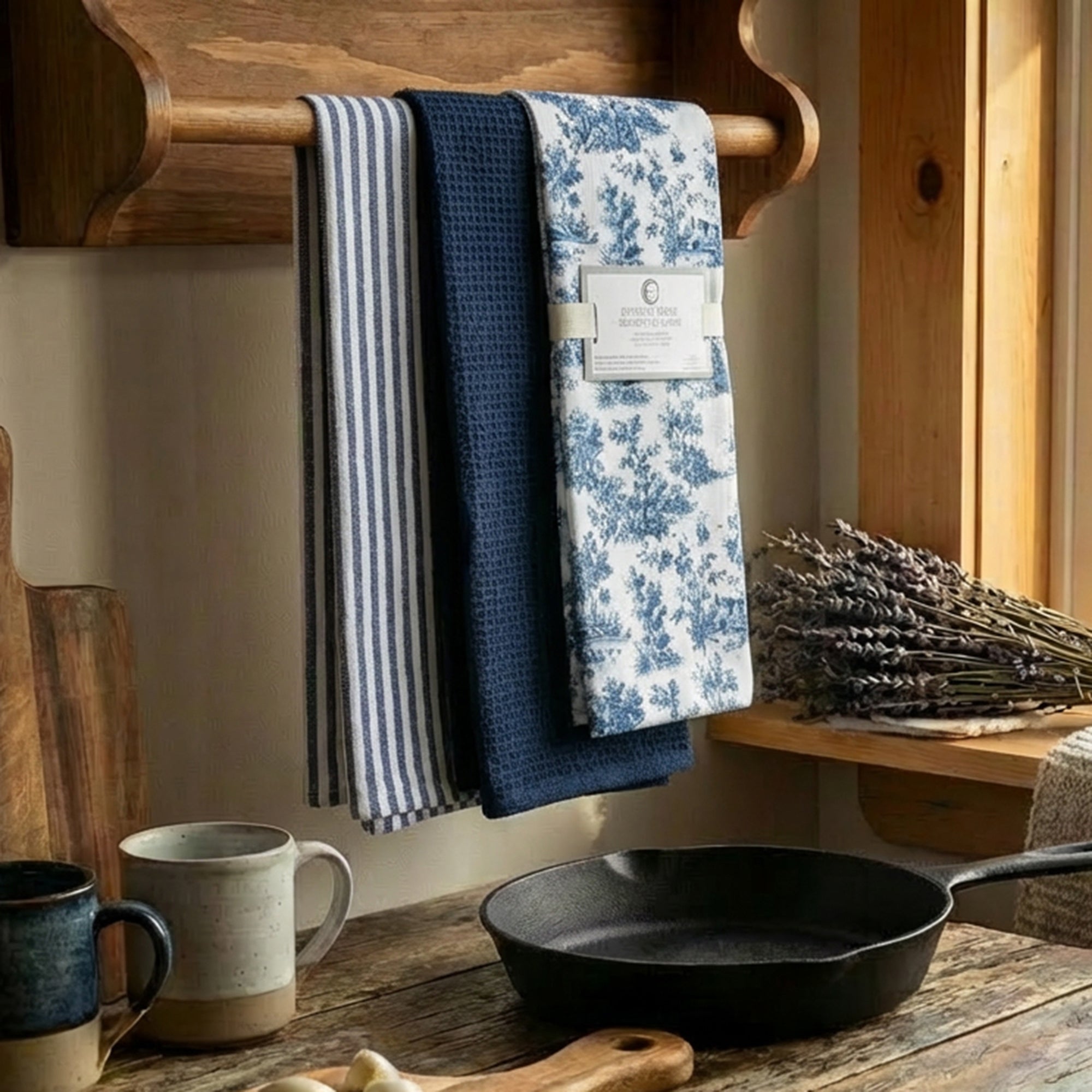 3-Piece Kitchen Towel Set: Garden Print, Stripes & Solid