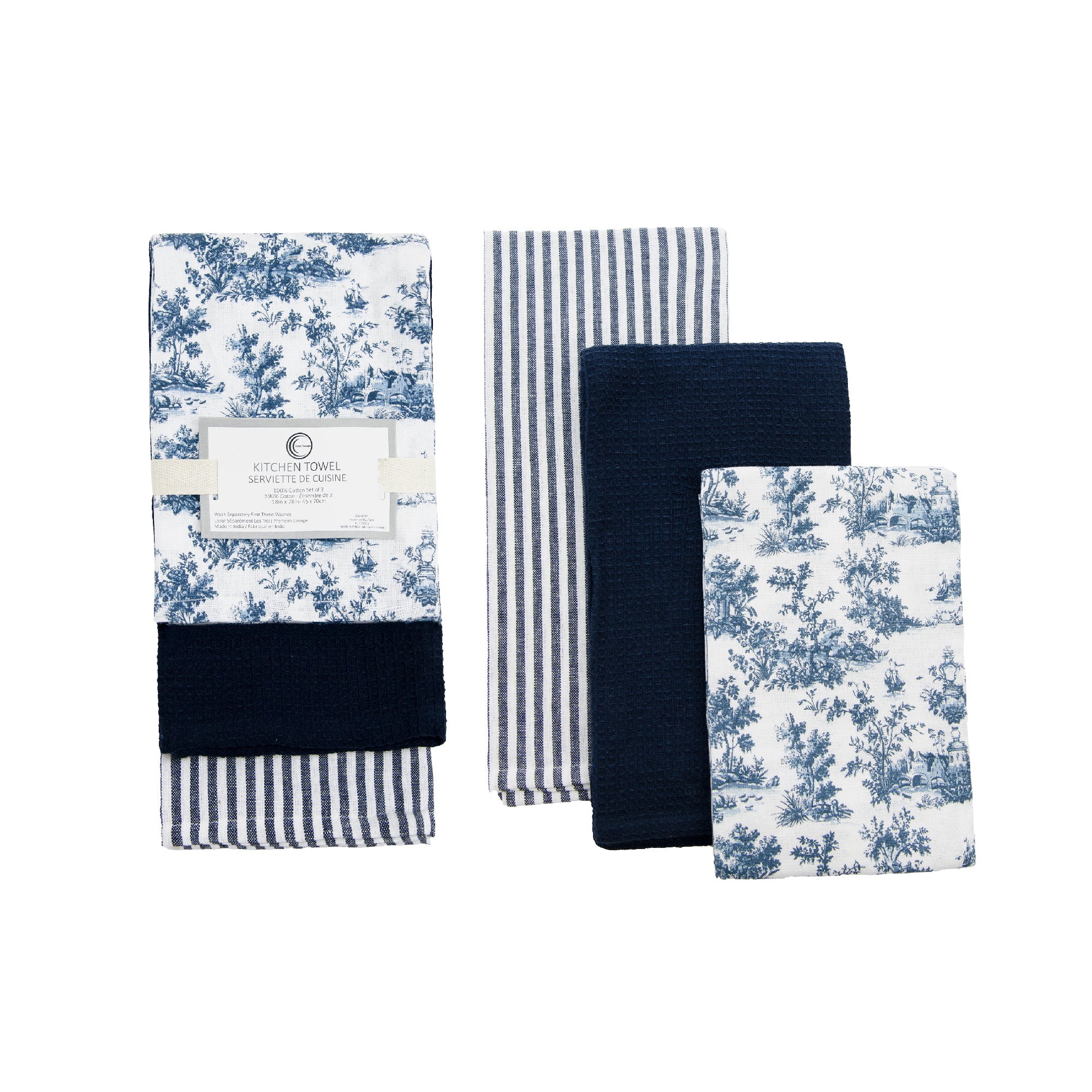 3-Piece Kitchen Towel Set: Garden Print, Stripes & Solid