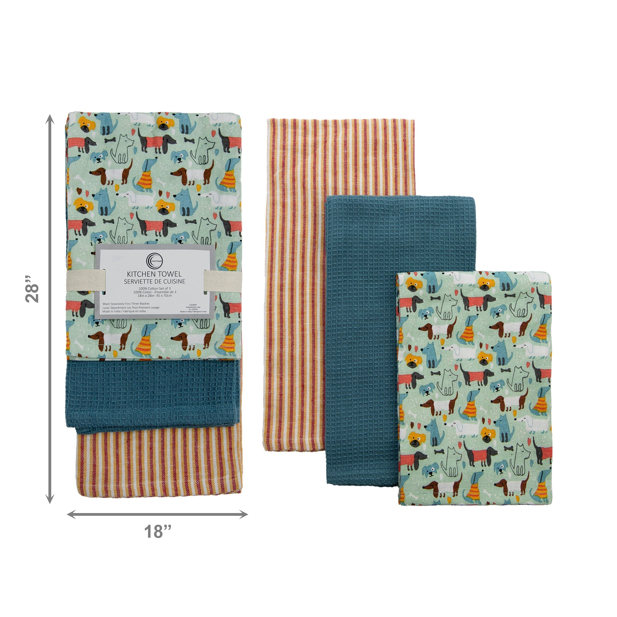 3-Piece Kitchen Towel Set: Dogs Print, Stripes & Solid