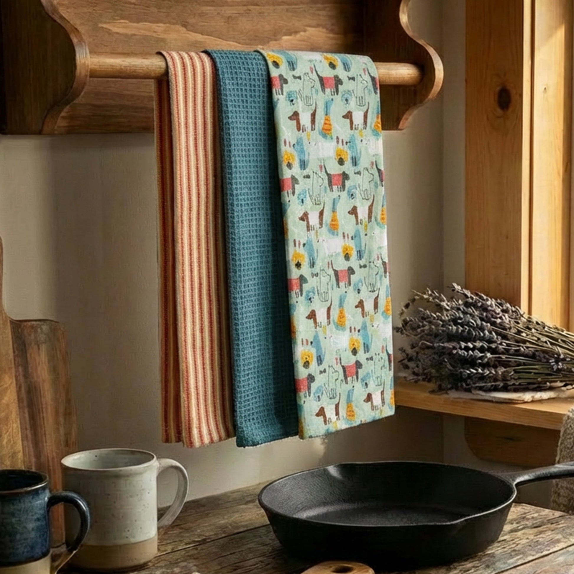 3-Piece Kitchen Towel Set: Dogs Print, Stripes & Solid