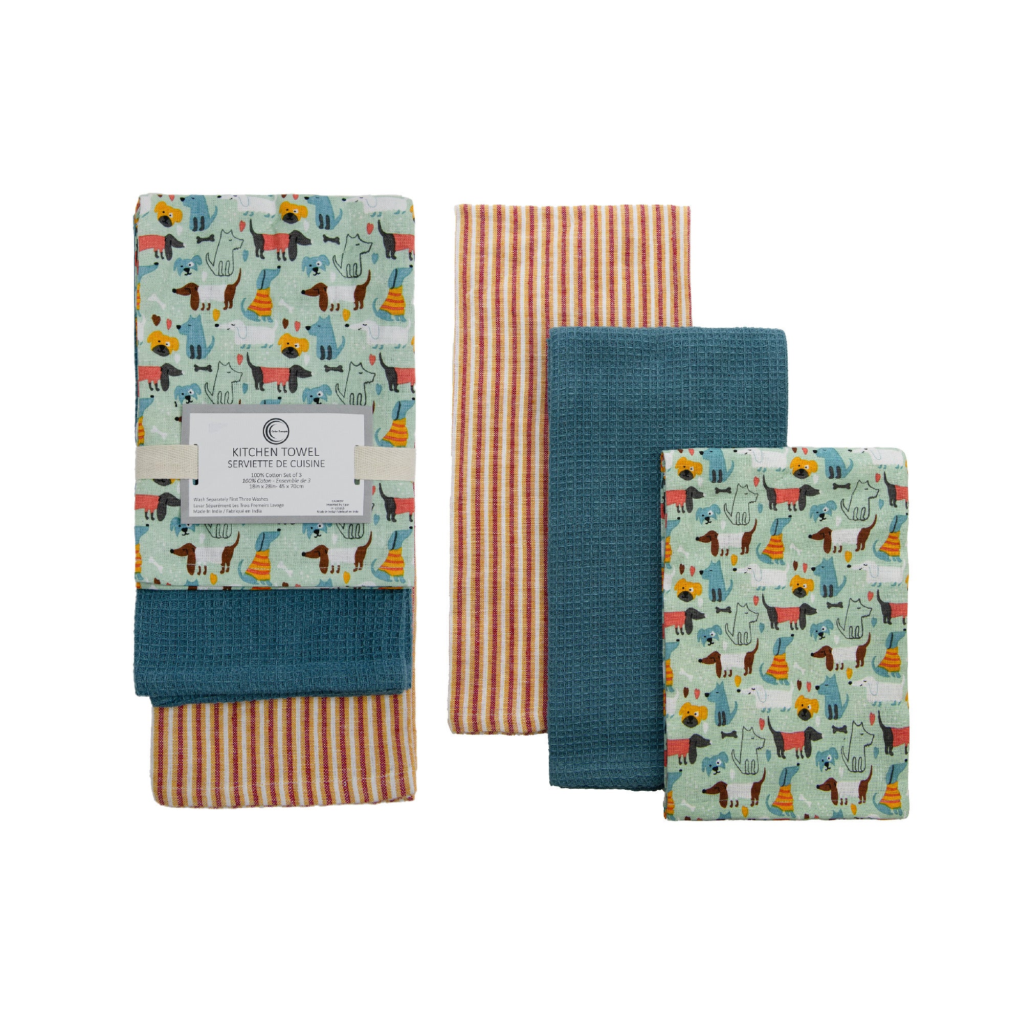 3-Piece Kitchen Towel Set: Dogs Print, Stripes & Solid