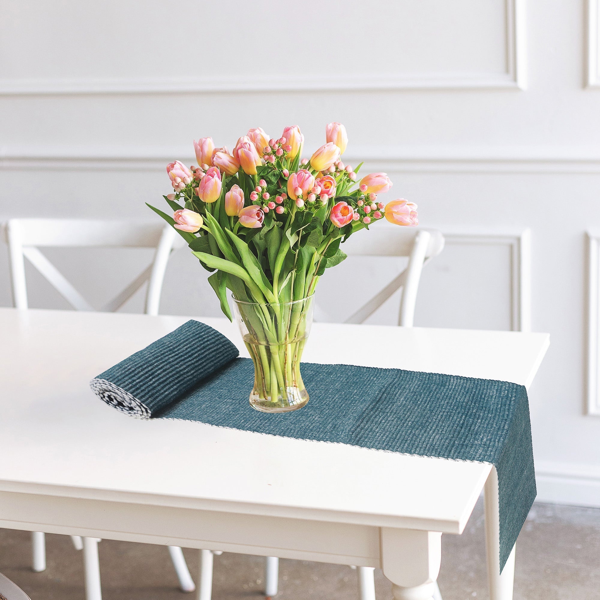 Chambray Ribbed Cotton Table Runner, Farmhouse Dining Table Decor