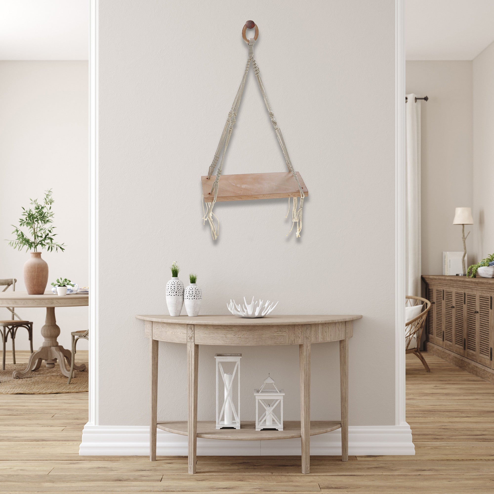 Cotton Rope Wall Hanging With Wooden Shelf, Boho Wall Shelf Decor