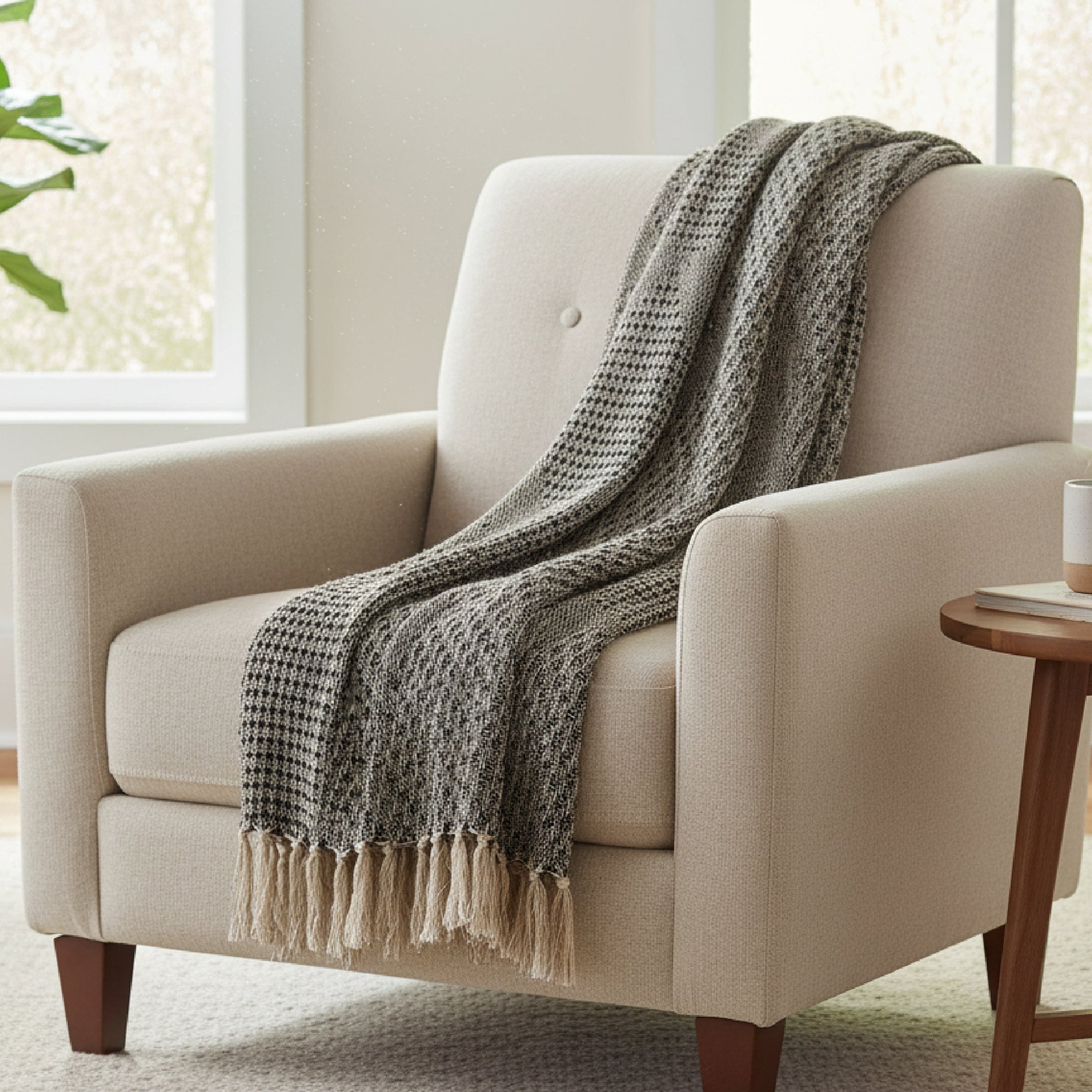 Beige & Black Patterned Cotton Throw Blanket, 50"x60"