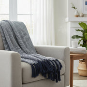 Navy & White Patterned Cotton Throw Blanket, 50"x60"