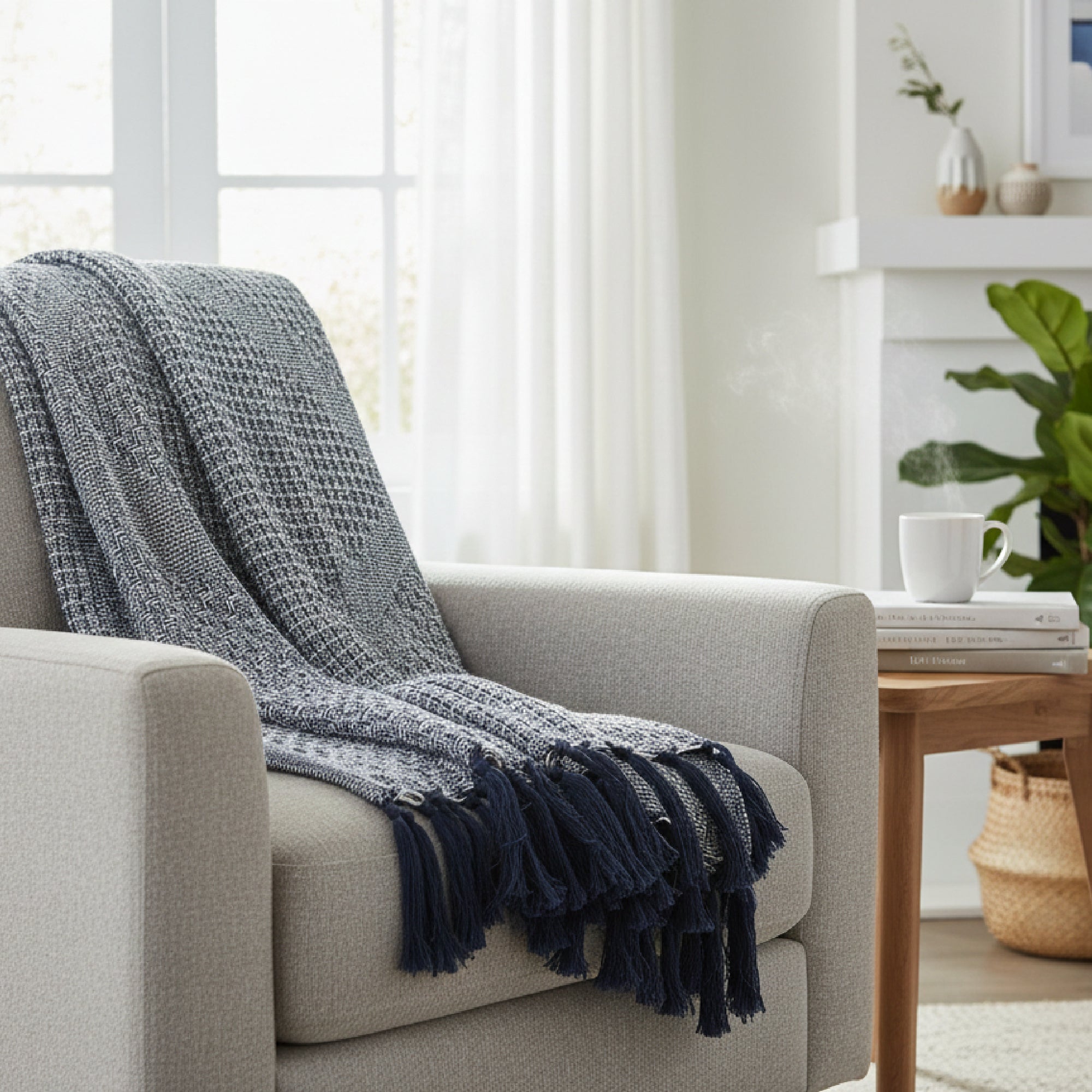 Navy & White Patterned Cotton Throw Blanket, 50"x60"