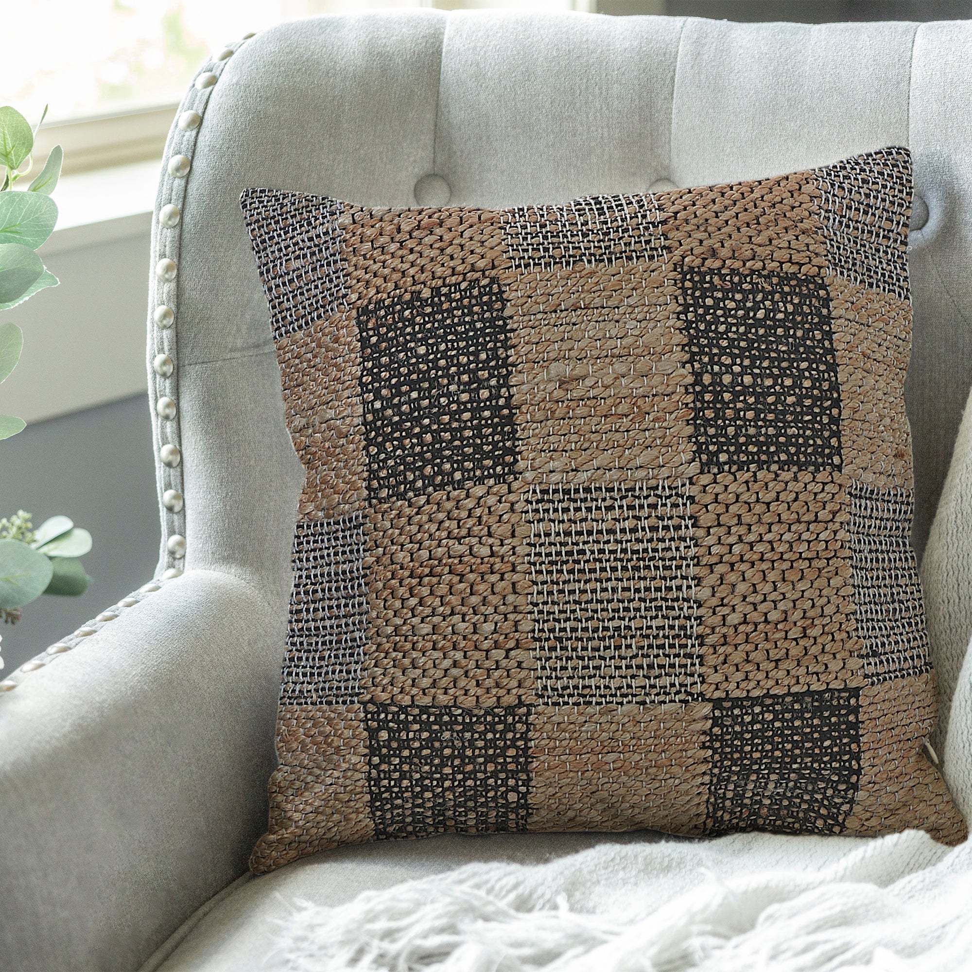 Handwoven Cotton Jute Cushion Check – Decorative Throw Pillow, Rustic Home Decor