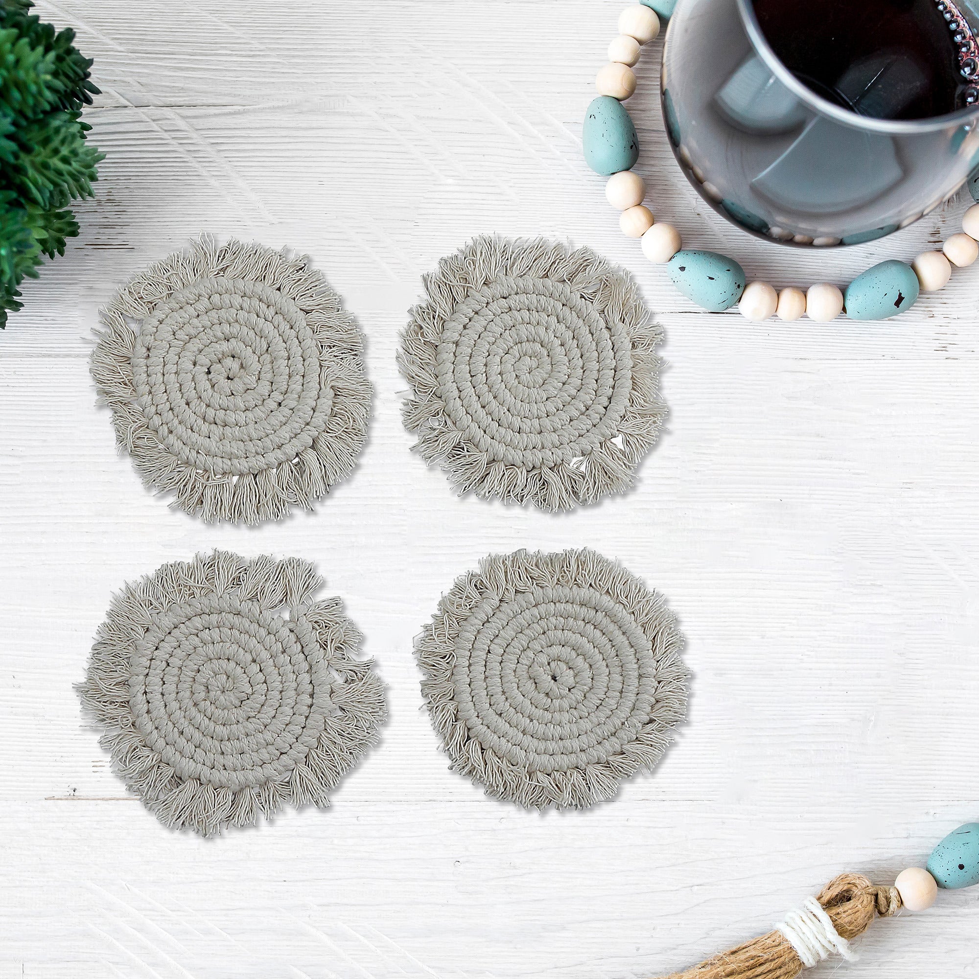 4 Piece Round Macrame Coaster Set, Handmade Cotton Drink Coasters, Farmhouse Table Decor
