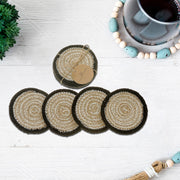 4 Piece Round Black Line Braided Coaster Set, Rustic Drink Coasters, Farmhouse Table Decor