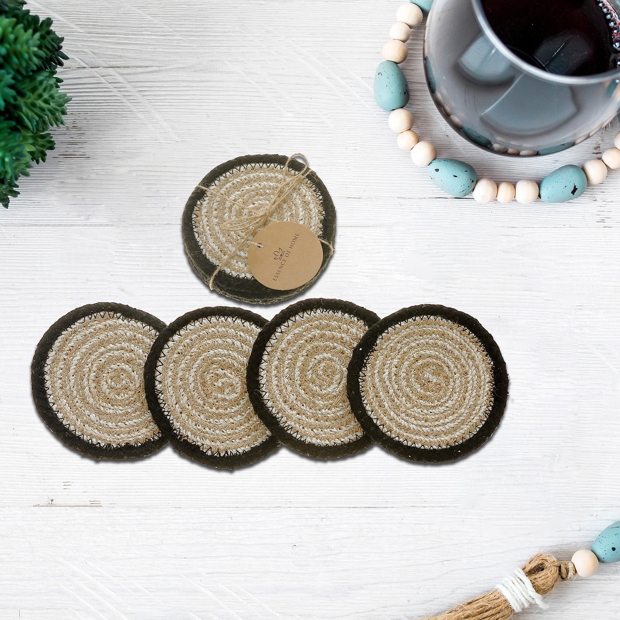 4 Piece Round Black Line Braided Coaster Set, Rustic Drink Coasters, Farmhouse Table Decor