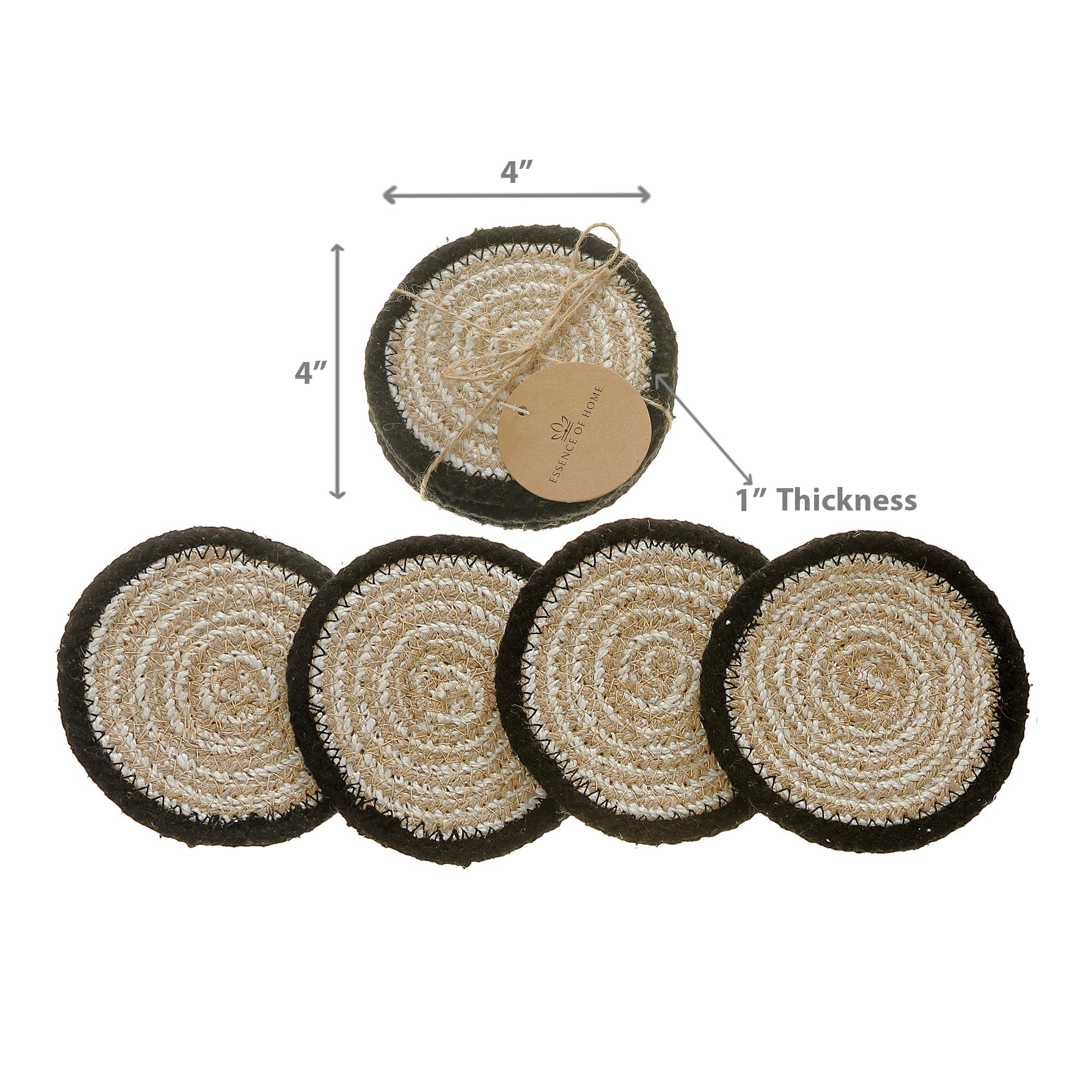 4 Piece Round Black Line Braided Coaster Set, Rustic Drink Coasters, Farmhouse Table Decor