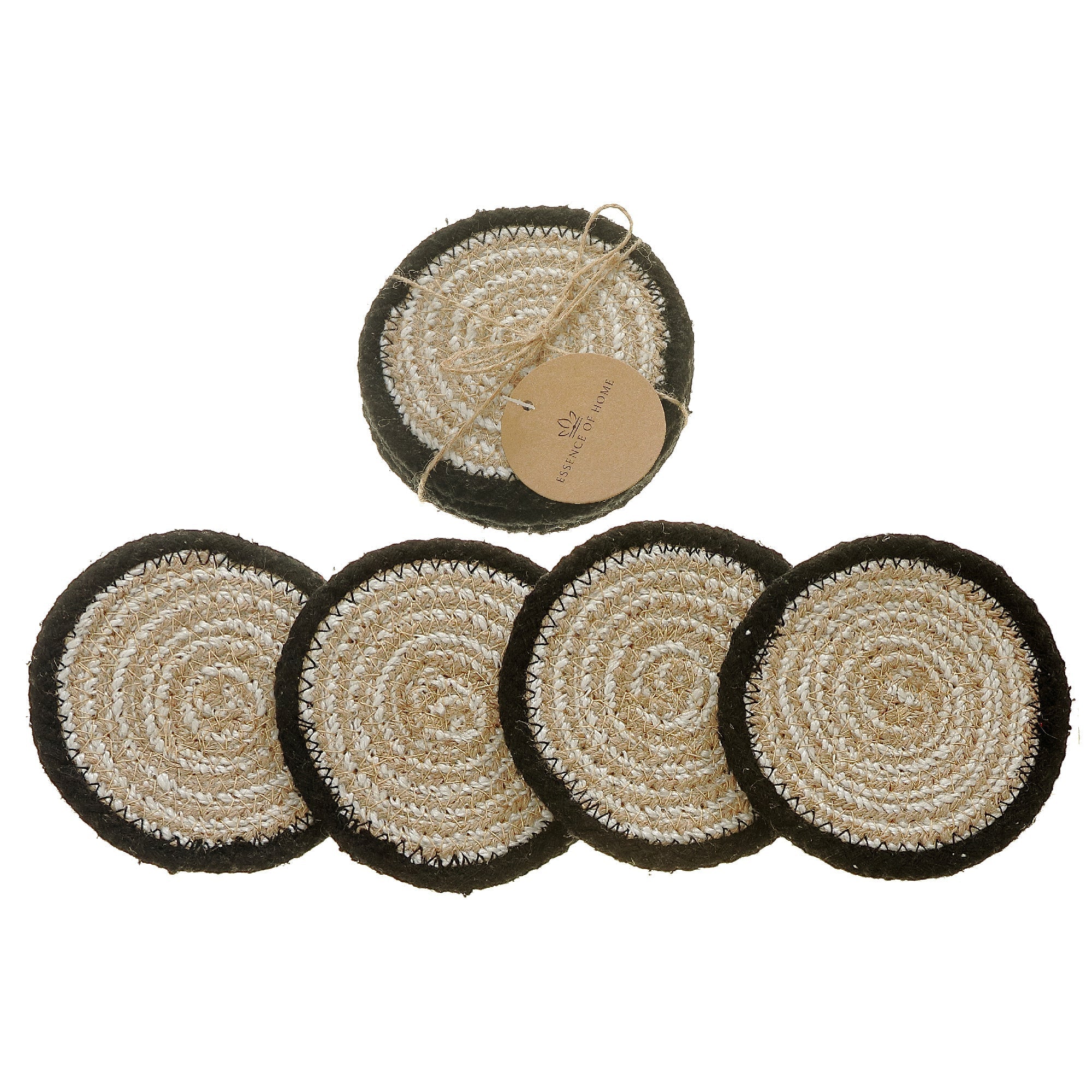 4 Piece Round Black Line Braided Coaster Set, Rustic Drink Coasters, Farmhouse Table Decor