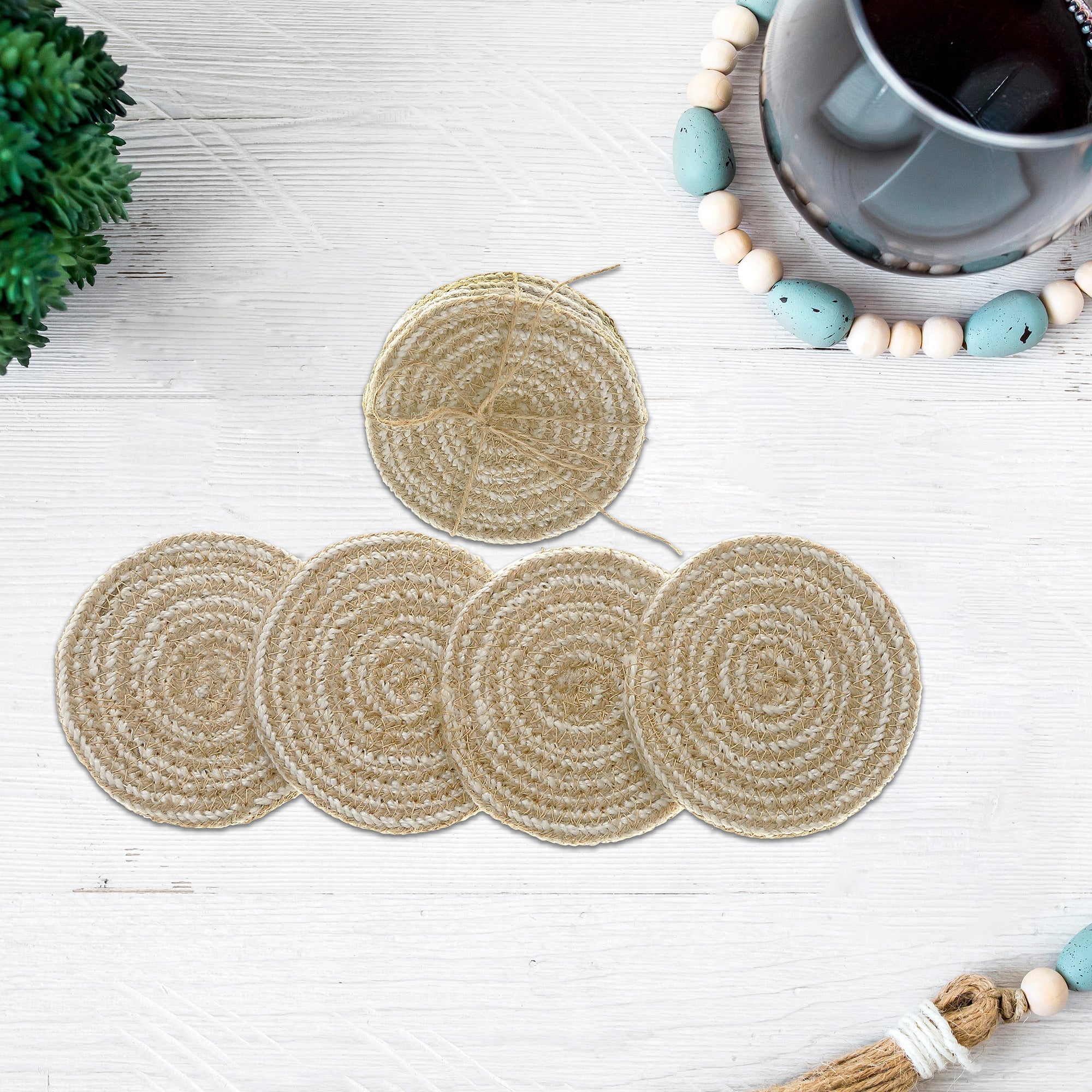 4 Piece Round Line Braided Coaster Set, Rustic Drink Coasters, Farmhouse Table Decor