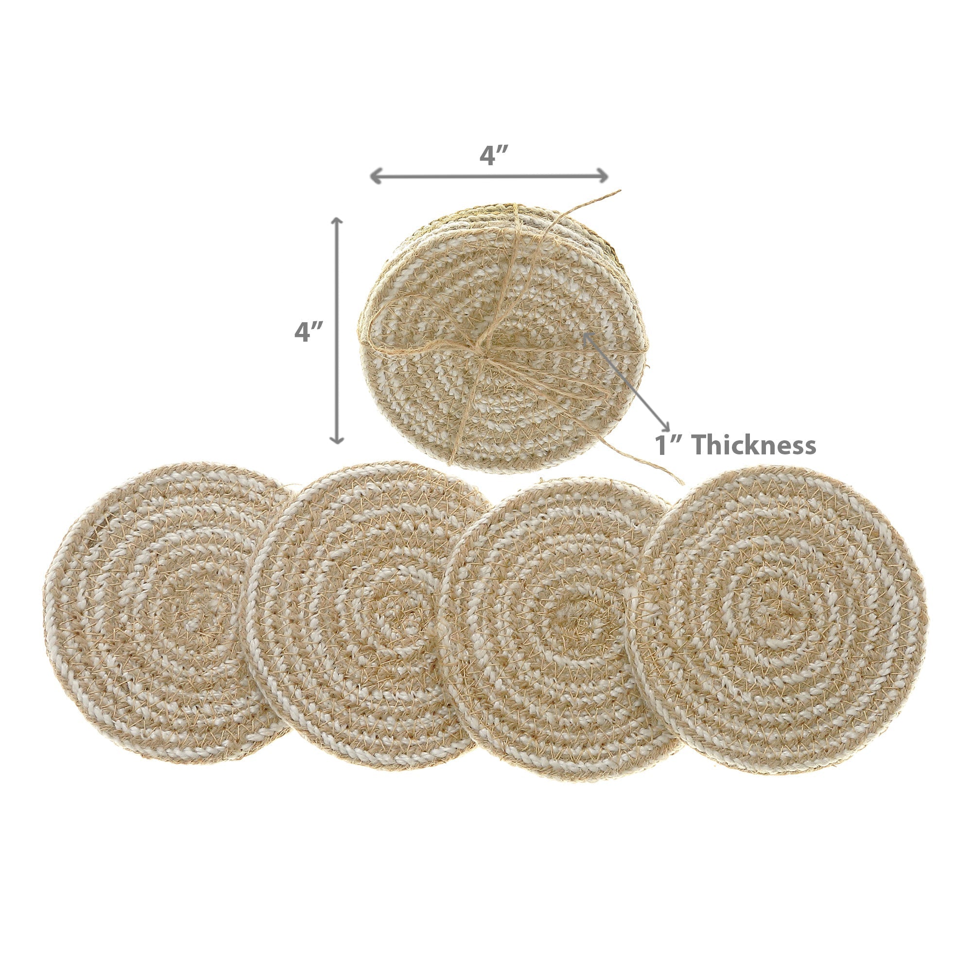 4 Piece Round Line Braided Coaster Set, Rustic Drink Coasters, Farmhouse Table Decor