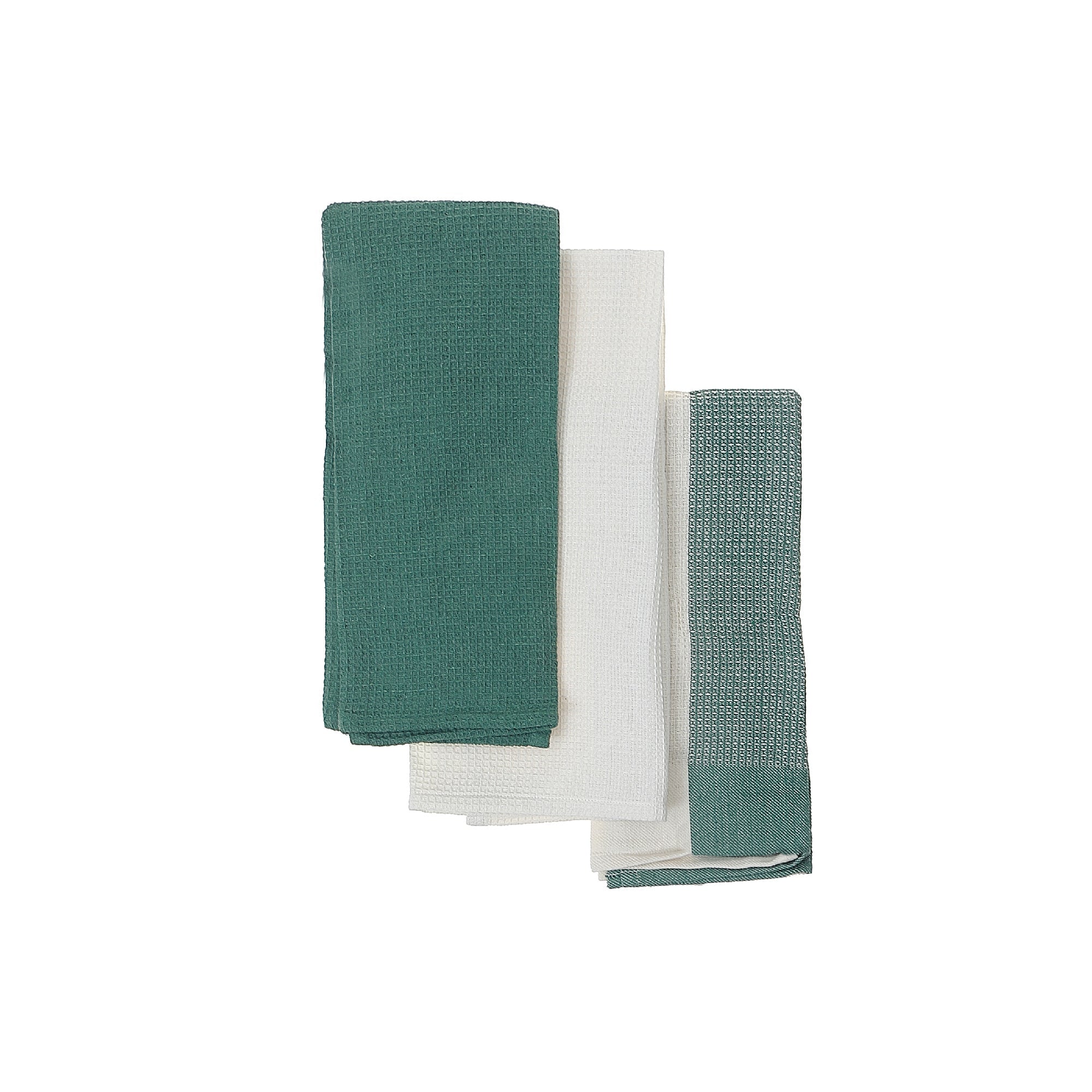 Kitchen Green Towel Set Of 3 Pcs Block Print Waffle, Kitchen Dish Towels, Farmhouse Dining Decor