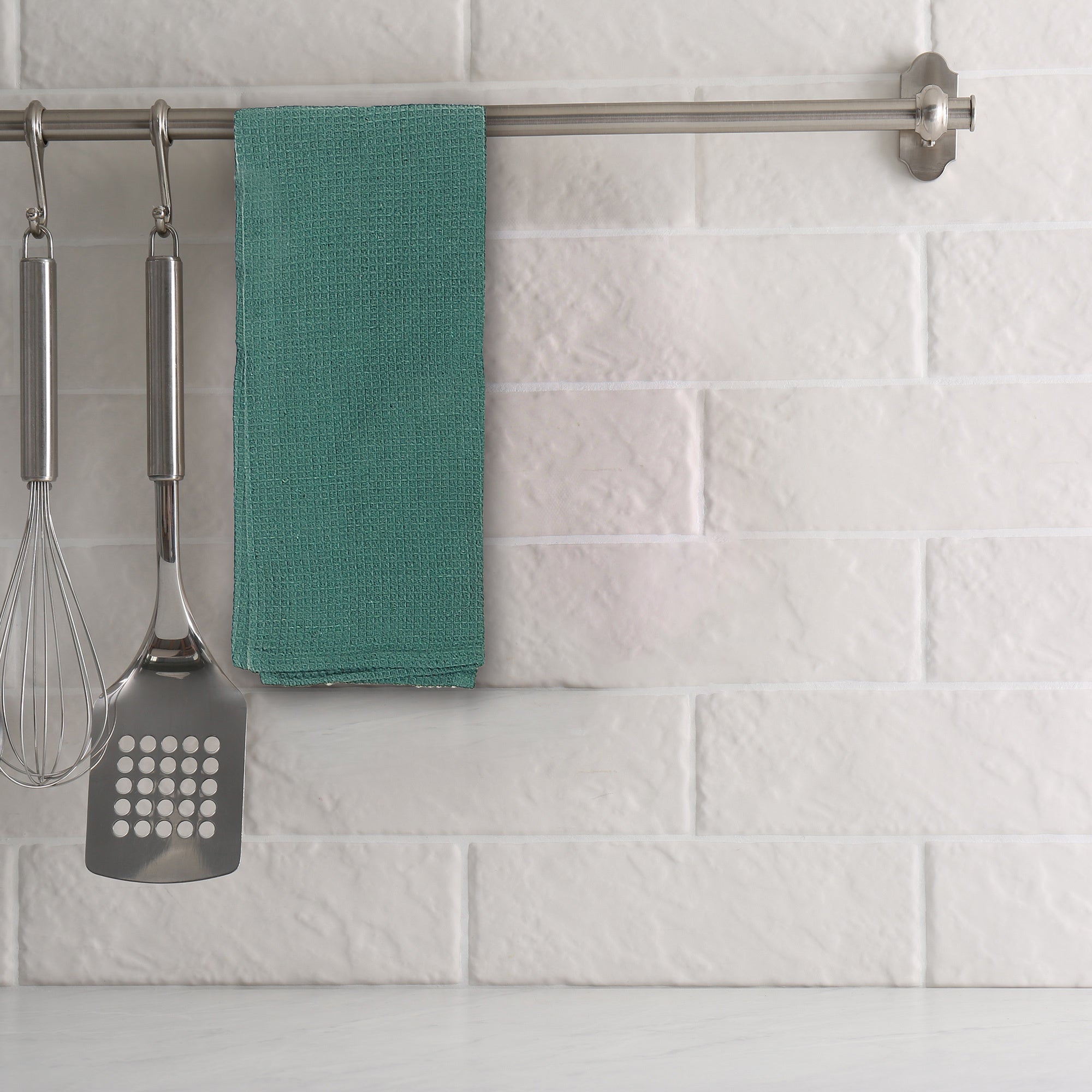 Kitchen Green Towel Set Of 3 Pcs Block Print Waffle, Kitchen Dish Towels, Farmhouse Dining Decor