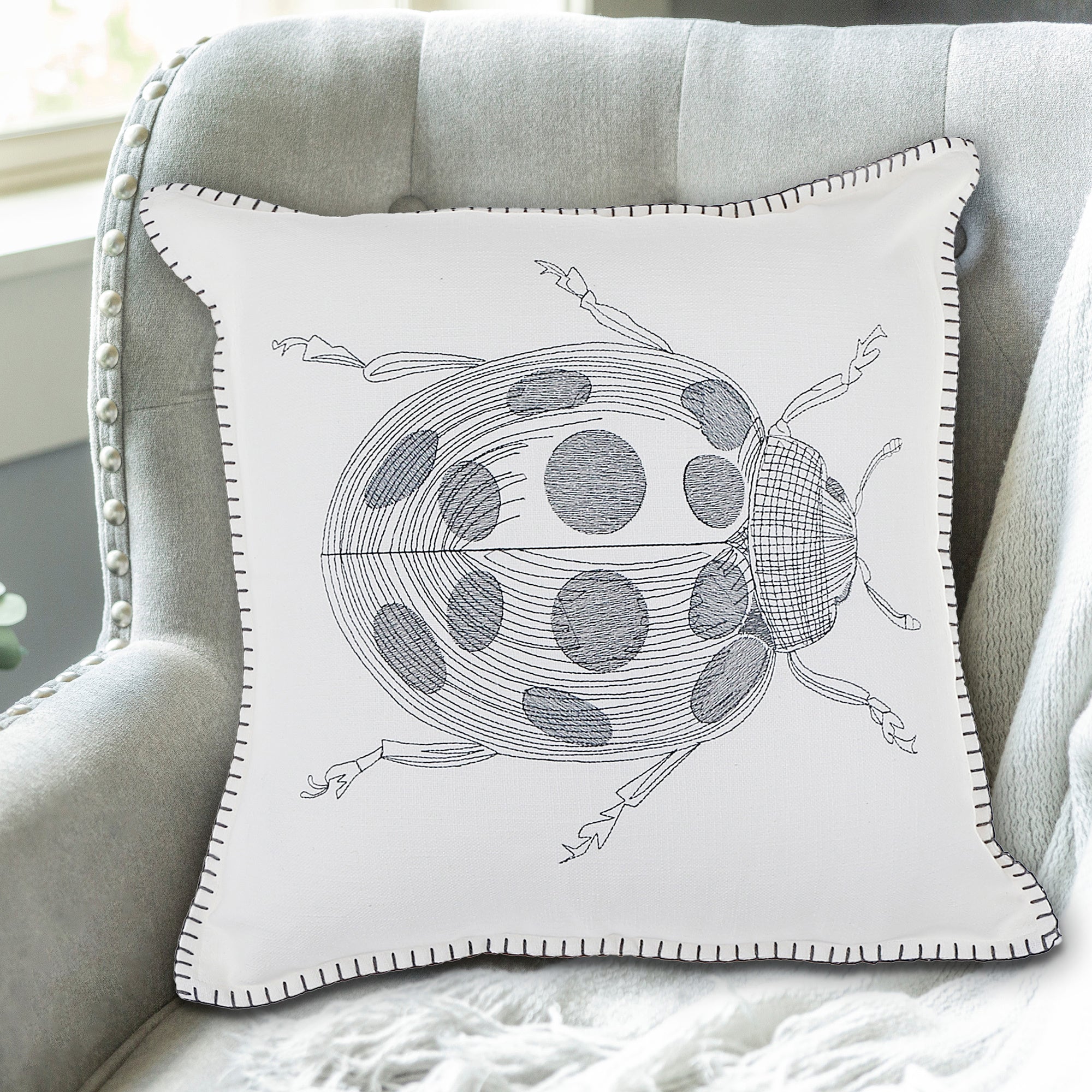 Blanket Stitch Embroidered Cushion Lady Bug Set Of 2, 18 X 18 Inch, Decorative Throw Pillow
