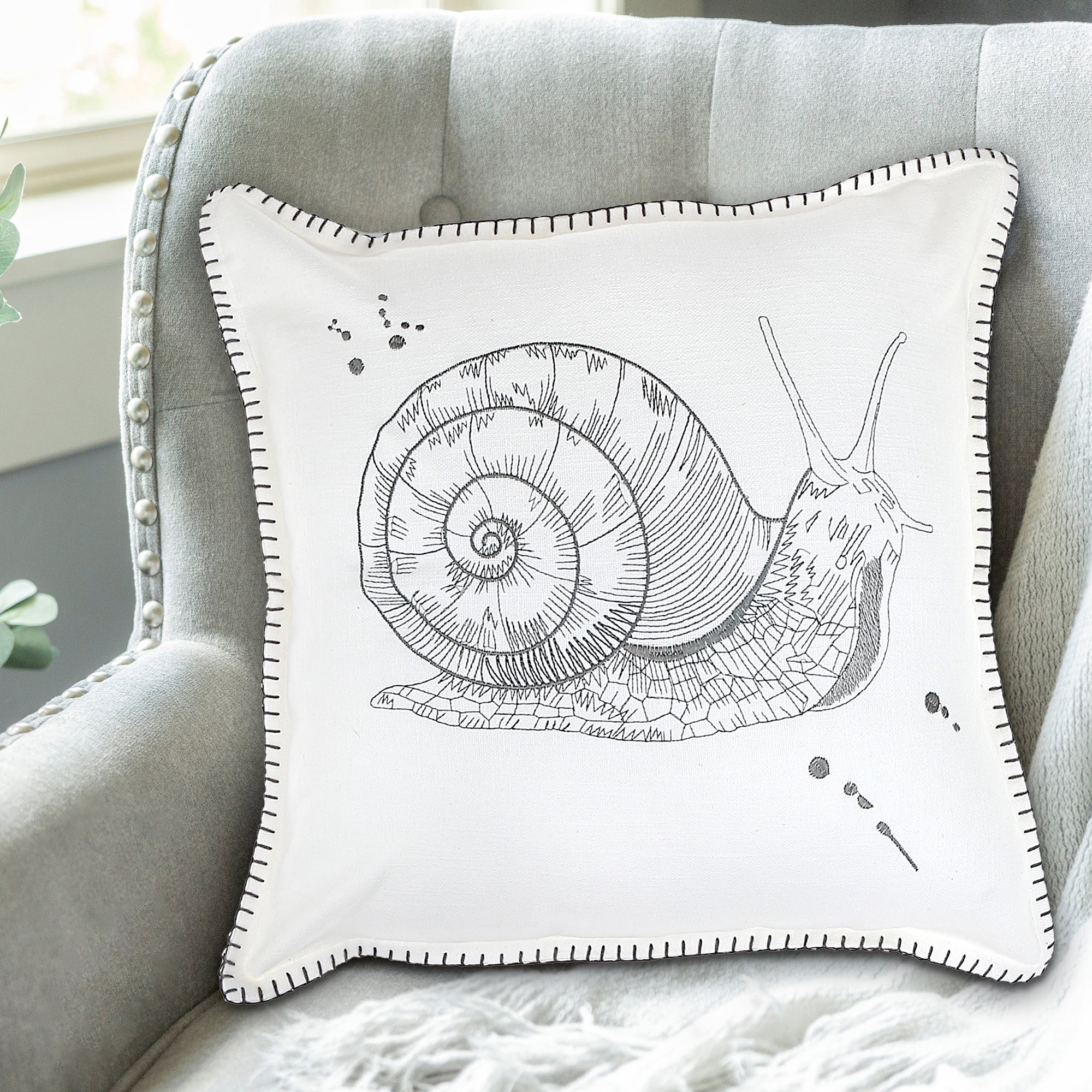 Blanket Stitch Embroidered Cushion Snail Set Of 2, 18 X 18 Inch, Decorative Throw Pillow