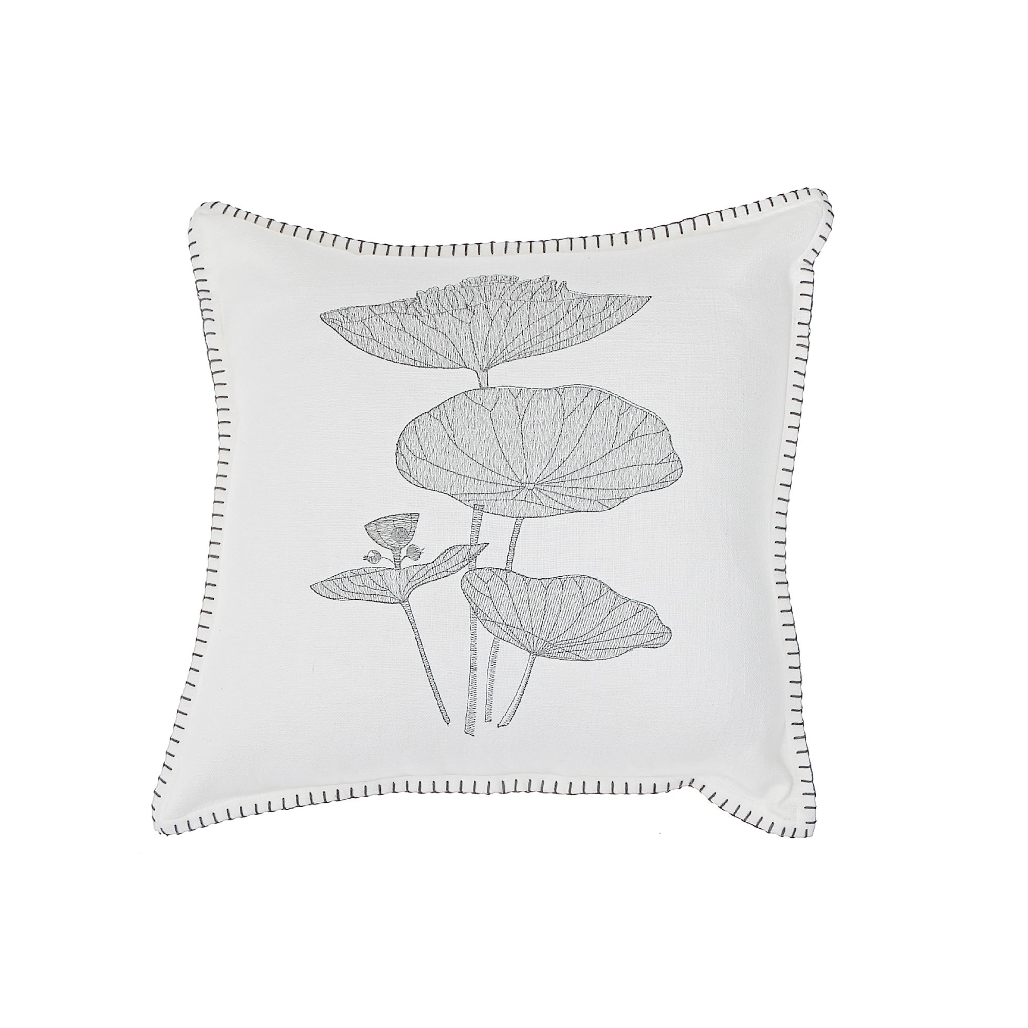 Blanket Stitch Embroidered Cushion Lotus Leaf Set Of 2, 18 X 18 Inch, Decorative Throw Pillow