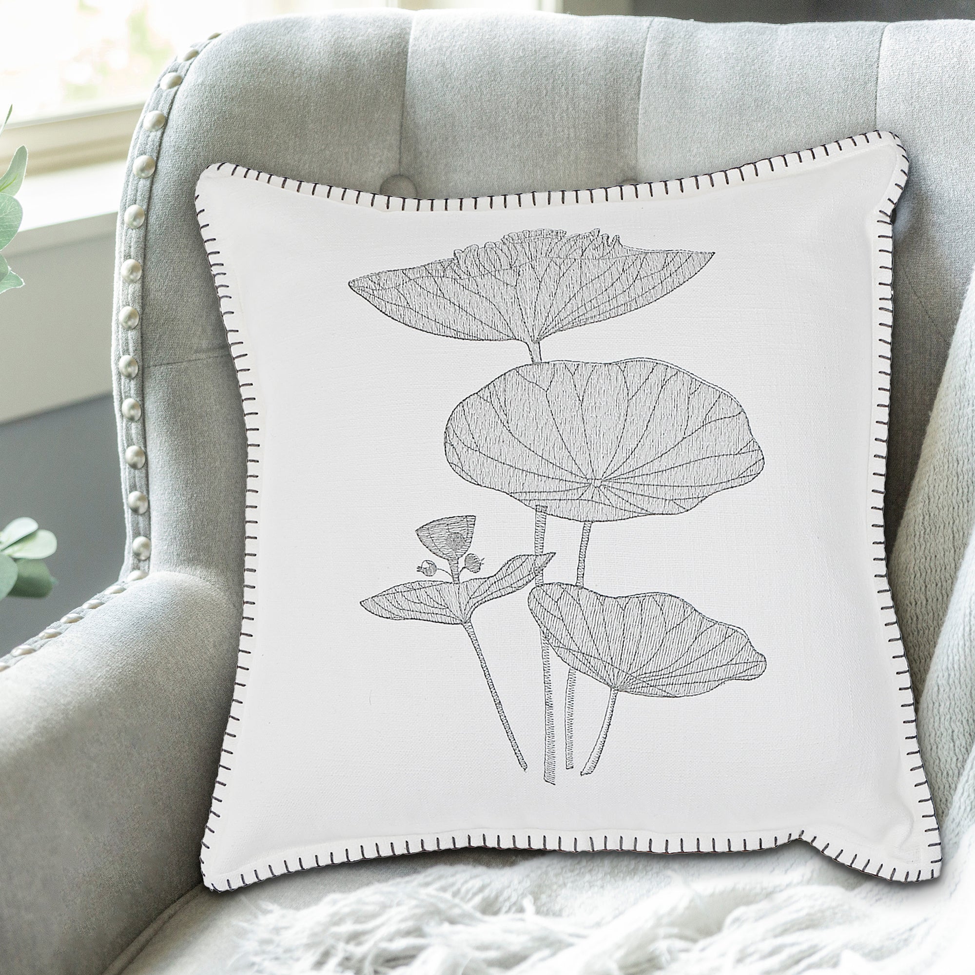 Blanket Stitch Embroidered Cushion Lotus Leaf Set Of 2, 18 X 18 Inch, Decorative Throw Pillow