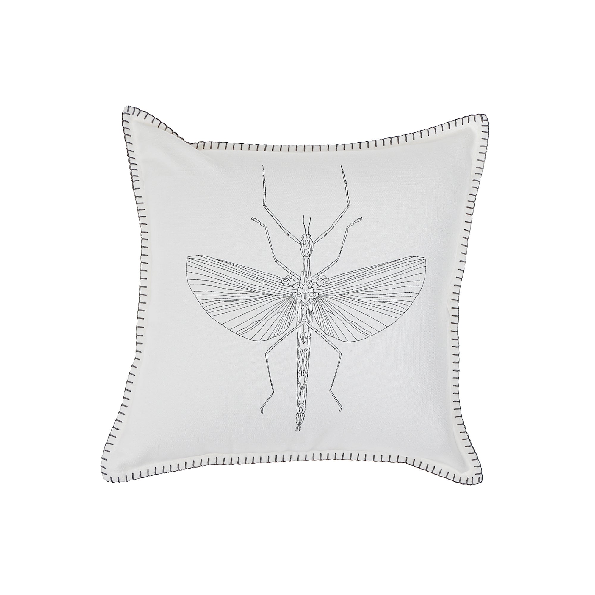 Blanket Stitch Embroidered Cushion Mantis Set Of 2, 18 X 18 Inch, Decorative Throw Pillow