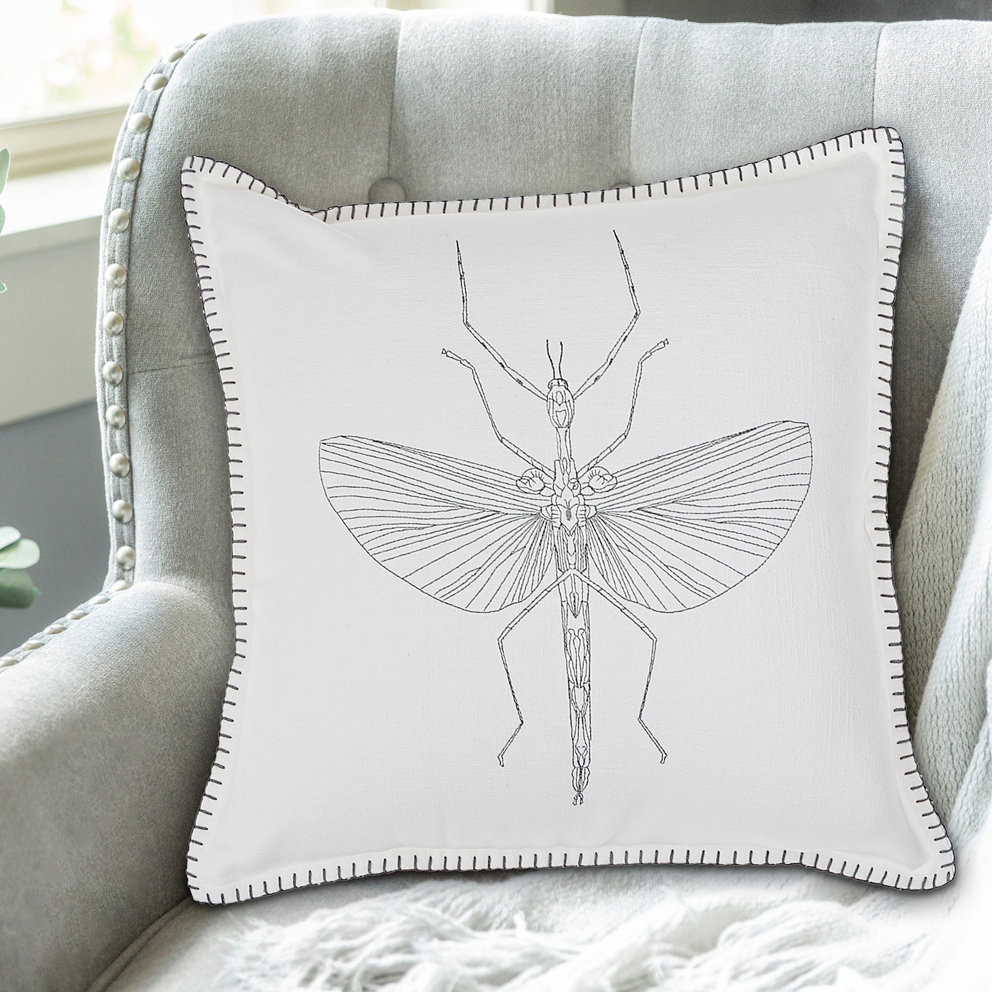Blanket Stitch Embroidered Cushion Mantis Set Of 2, 18 X 18 Inch, Decorative Throw Pillow
