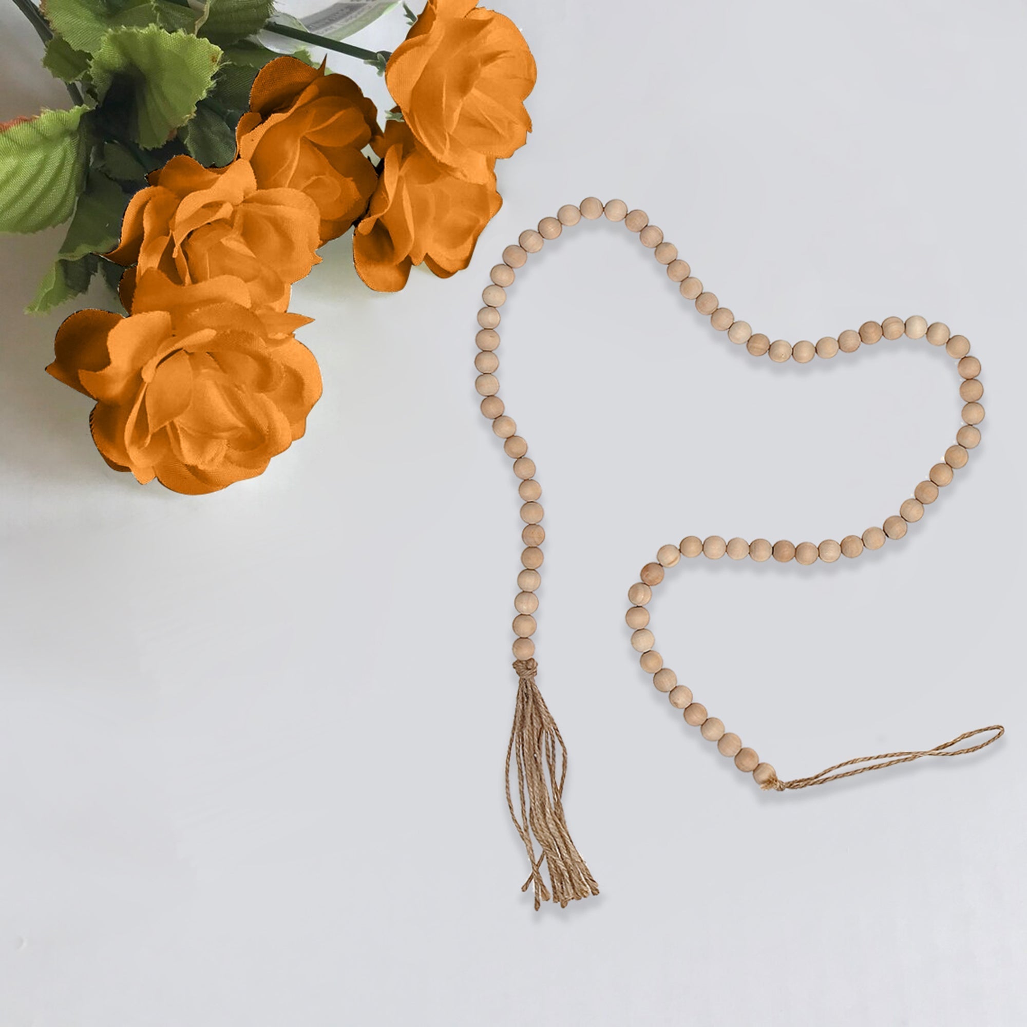 55 Inch Bead Garland With Tassel Natural Set Of 2, Rustic Holiday Decor, Table Accent