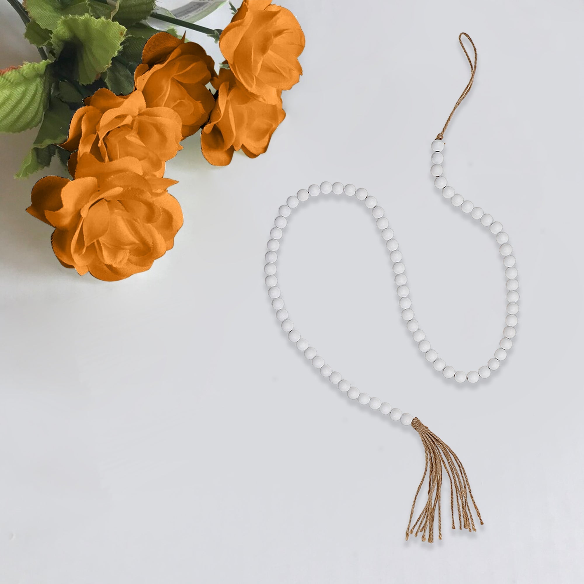55 Inch Bead Garland With Tassel White Set Of 2, Rustic Holiday Decor, Table Accent