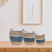 3 Piece Natural Grass Woven Storage Basket Set Black Stripe Decorative Organizer