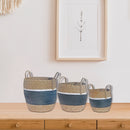 3Pc Natural Grass Basket With Handle Black Stripe