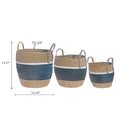 3Pc Natural Grass Basket With Handle Black Stripe