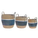 3Pc Natural Grass Basket With Handle Black Stripe