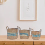 3 Piece Natural Grass Woven Storage Basket Set Blue Stripe Decorative Organizer