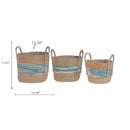 3Pc Natural Grass Basket With Handle Blue Stripe