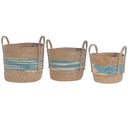 3Pc Natural Grass Basket With Handle Blue Stripe